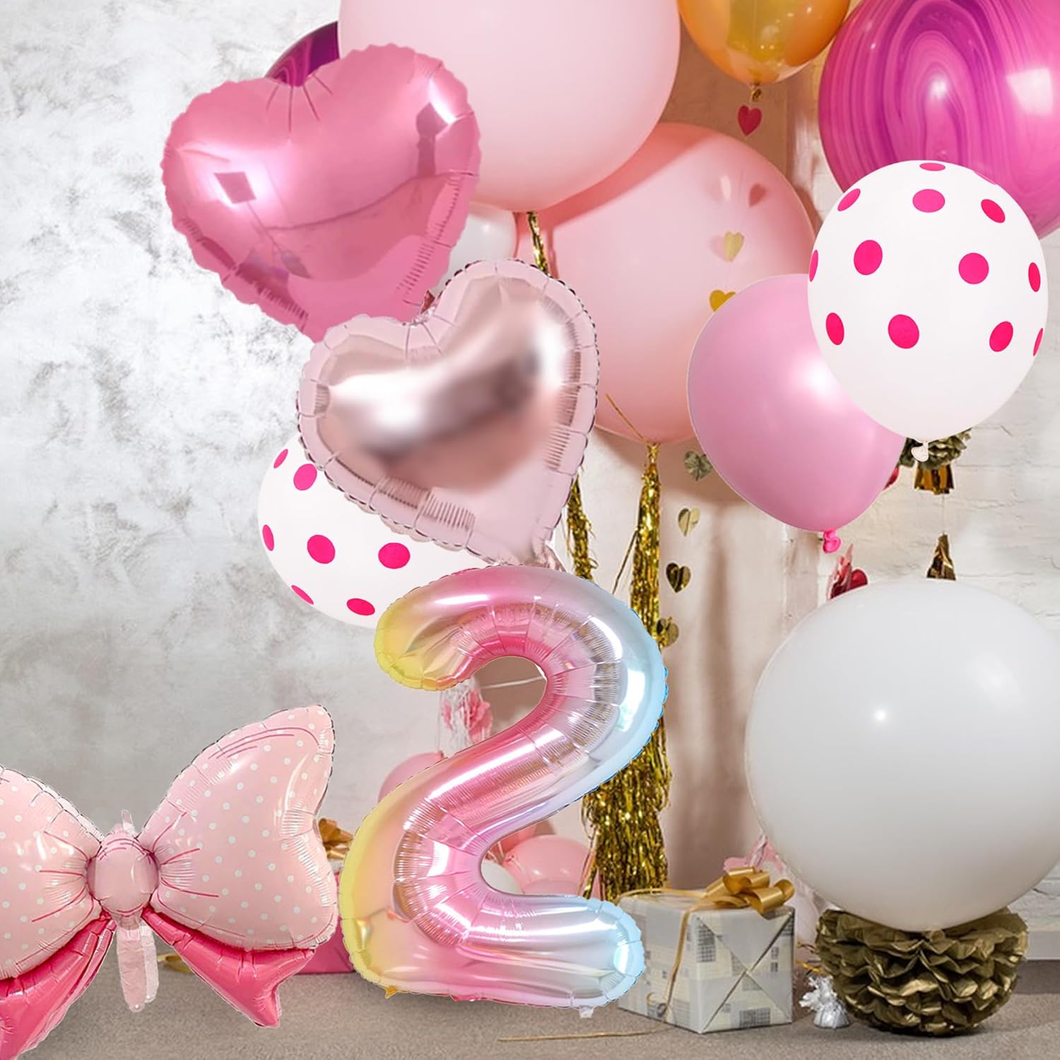 14 globos de fiesta de ratón con lazo rosa, globos metálicos de papel de aluminio rosa intenso, incluye globo de cumpleaños número 2, arco rosa,