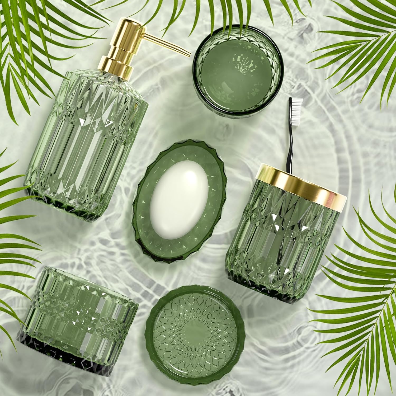 Juego de 5 accesorios de baño verde de alta calidad, moderno organizador de tocador de cristal para decoración de baño, dispensador de jabón de