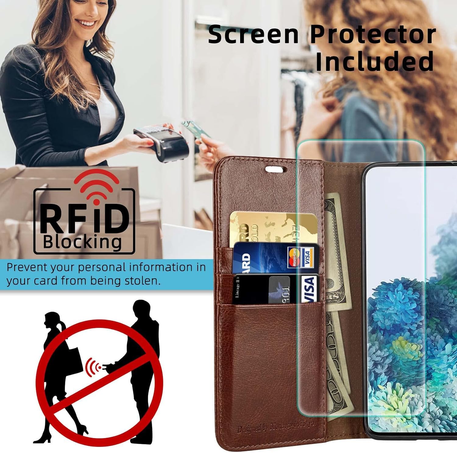 MONASAY Funda tipo cartera compatible con Google Pixel 6a, bloqueo RFID, protector de pantalla incluido, funda de piel con tarjetero y tarjetero de
