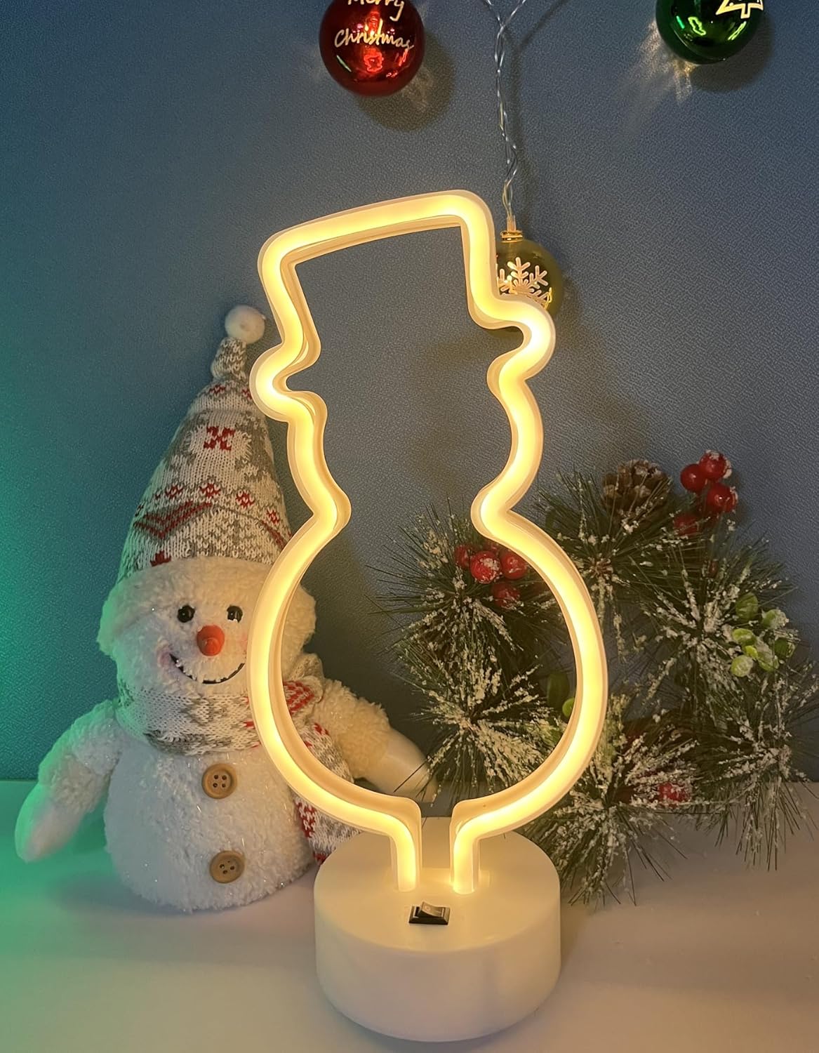 Letrero de luz de neón, letrero de neón LED de muñeco de nieve, alimentado por bateríaUSB, luz nocturna de neón acrílica para Navidad, decoración de