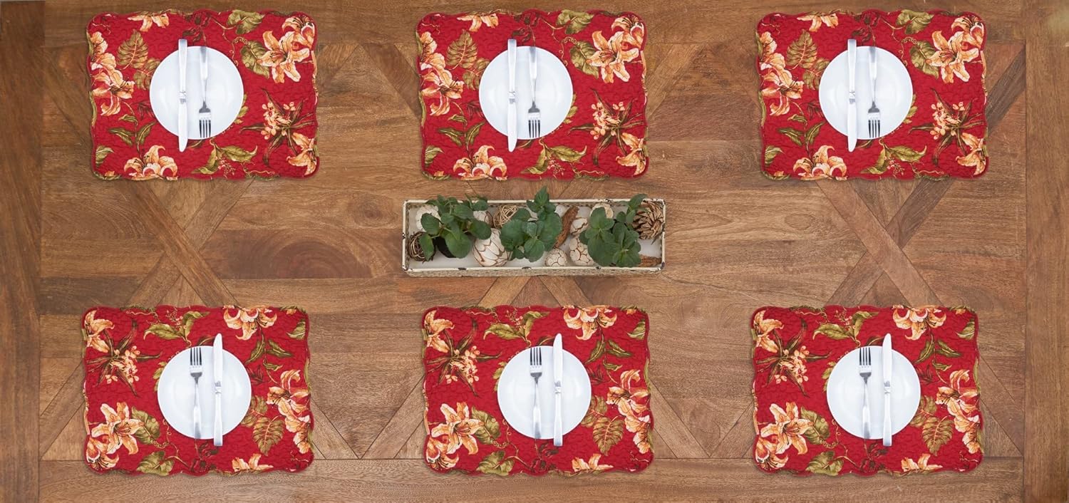 C&F Home Sophia – Juego de 6 manteles individuales acolchados de algodón, reversibles, lavables a máquina, 6 bordes festoneados, enrejado marrón,