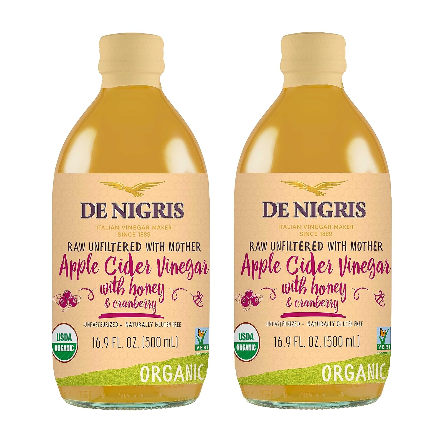 De Nigris Vinagre de sidra de manzana orgánico con miel y arándano, crudo y sin filtrar 16,9 onzas (paquete de 2)  Vinagre de sidra de manzana con
