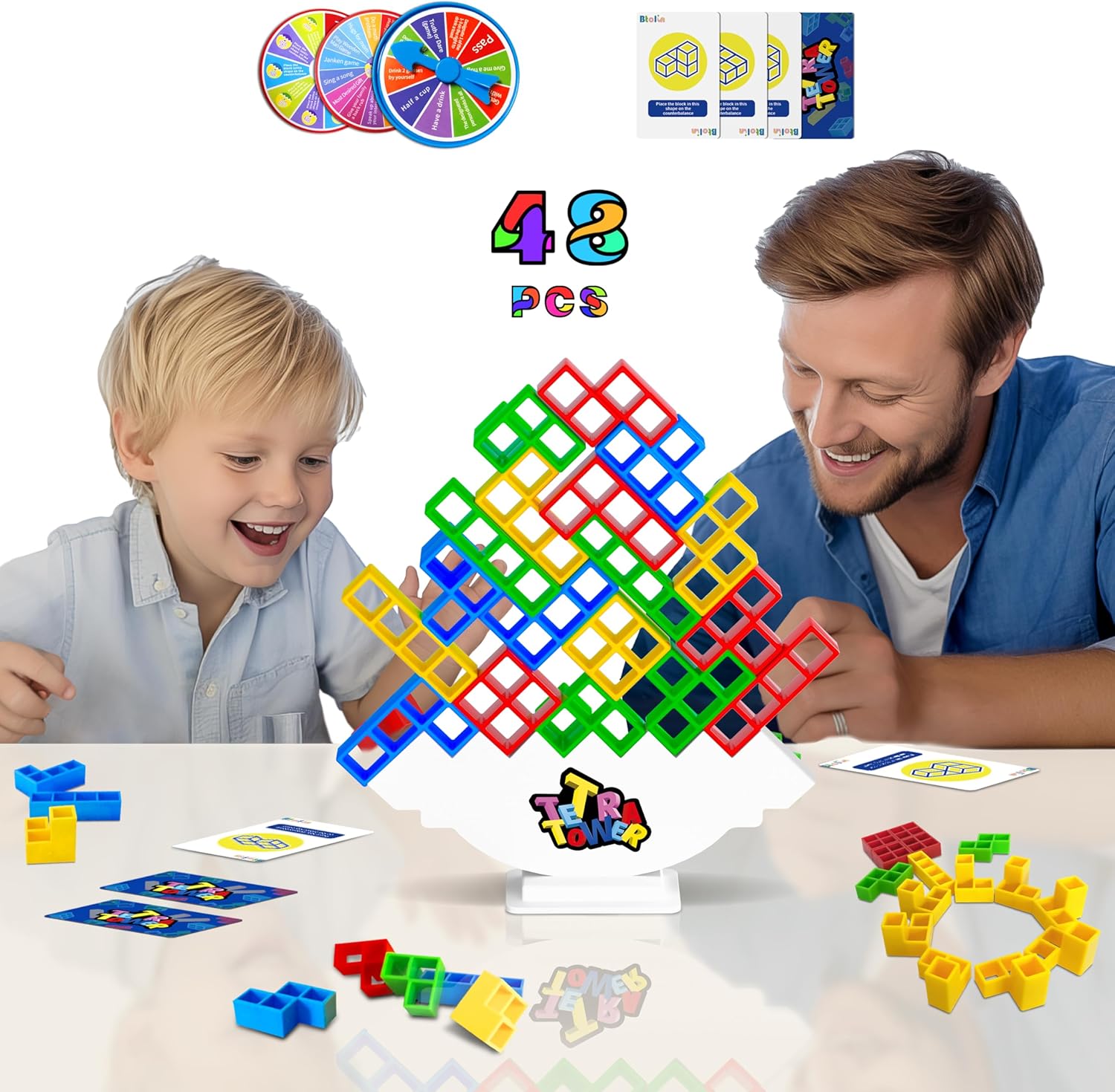 Juego de 48 piezas de Torre Tetra con disco de castigo, juegos de mesa de ataque apilable, juguete apilable de equilibrio de 2 jugadores, juegos