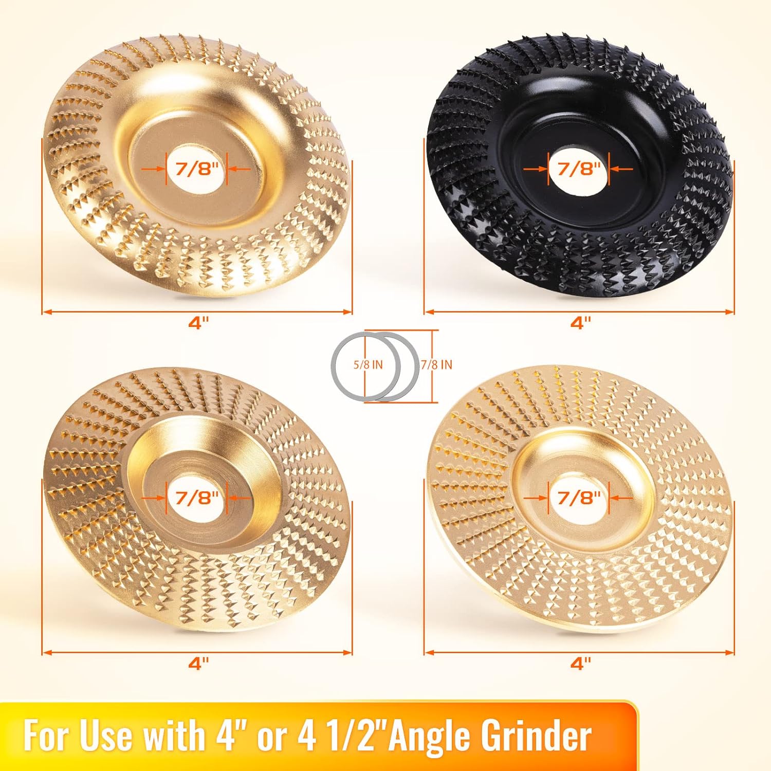 Juego de 4 discos de tallado de madera para amoladora angular, para amoladora angular de 4 o 4 12 pulgadas con eje de 58 pulgadas, disco de tallado