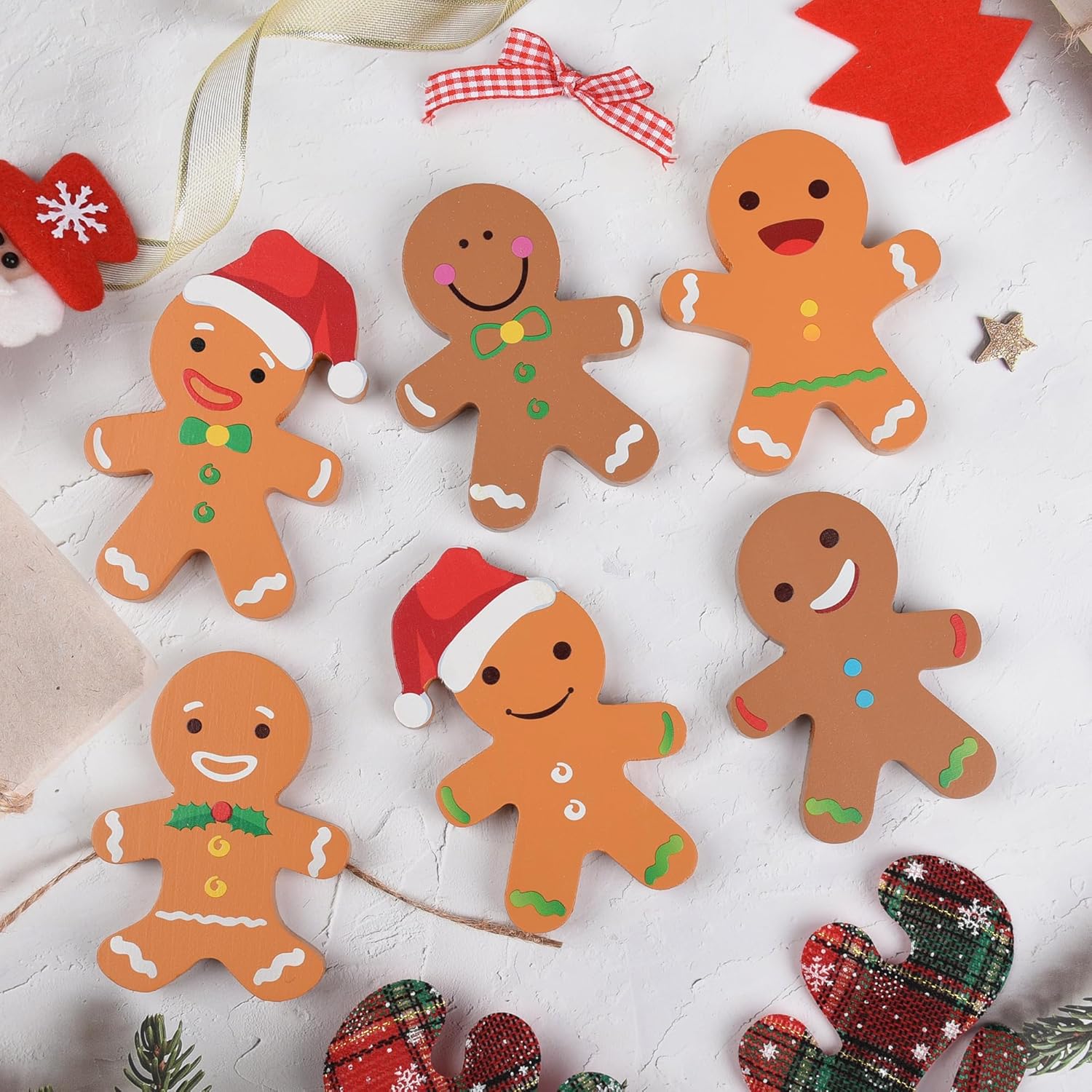 6 piezas de pan de jengibre decoraciones navideñas de hombre de jengibre de Navidad, letreros de madera decorativos de granja para mesa de invierno