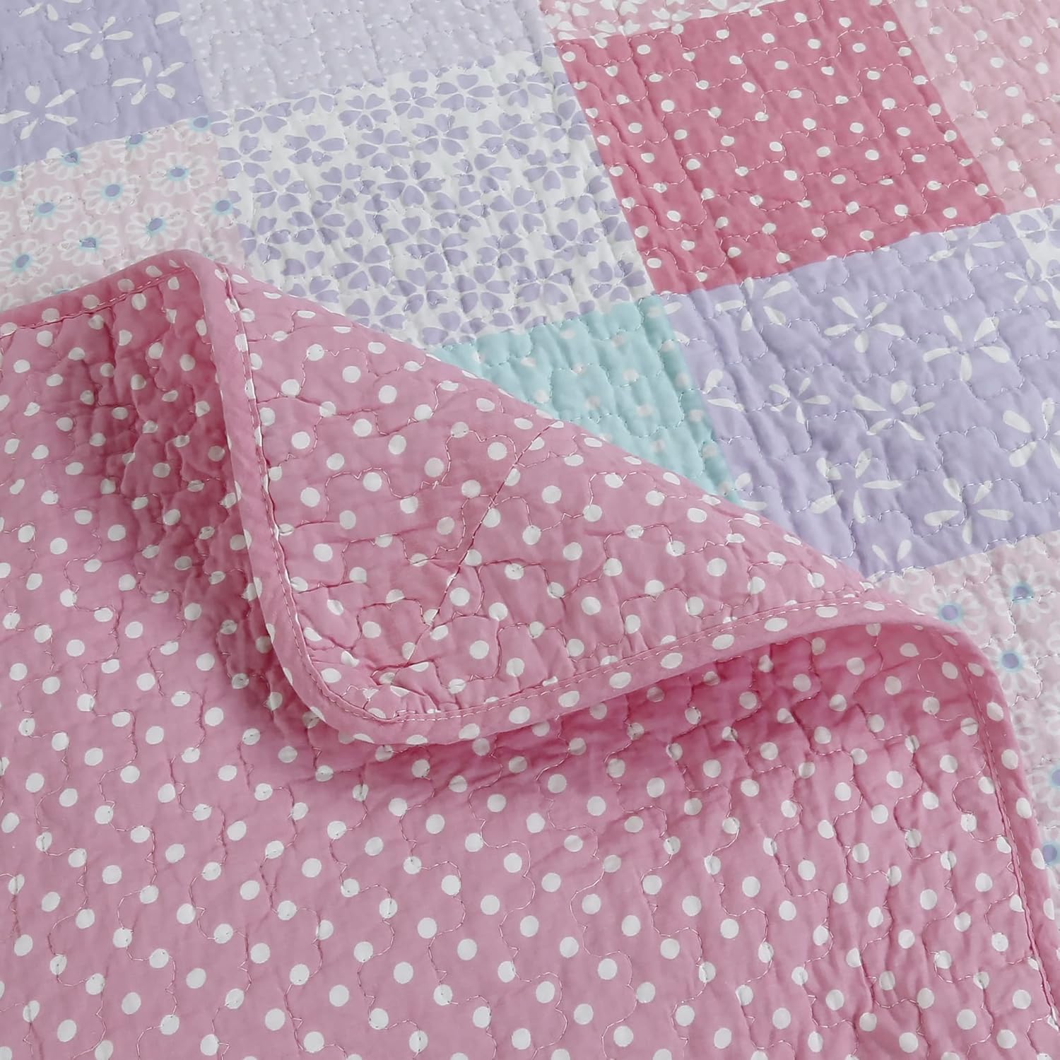 Cozy Line Home Fashions Juego de ropa de cama de 3 piezas con estampado de lunares florales de primavera en colores pastel rosa y morado