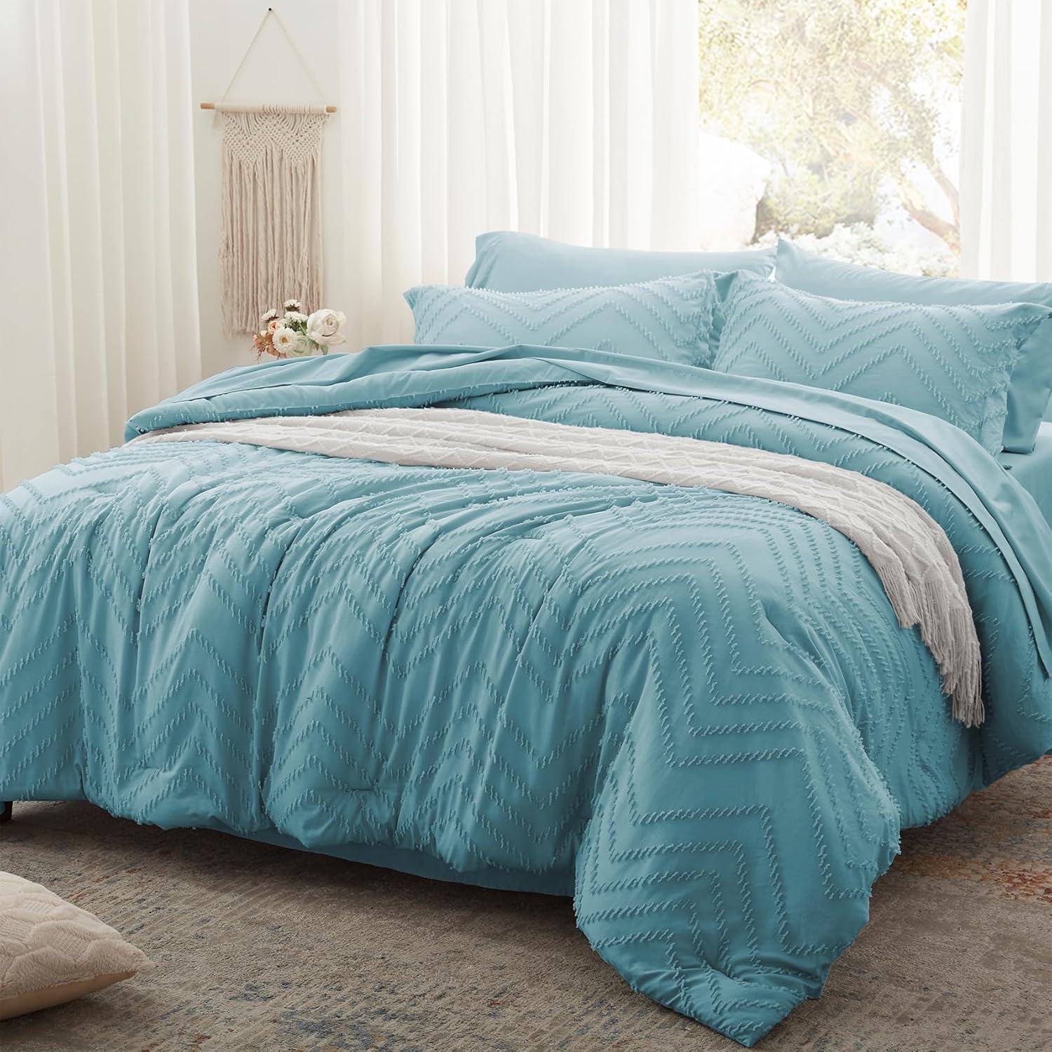 Anluoer – Juego de edredón tamaño Queen, color celeste, con relieve, 7 piezas, para todas las estaciones, incluye 1 edredón, 2 fundas de almohada, 2