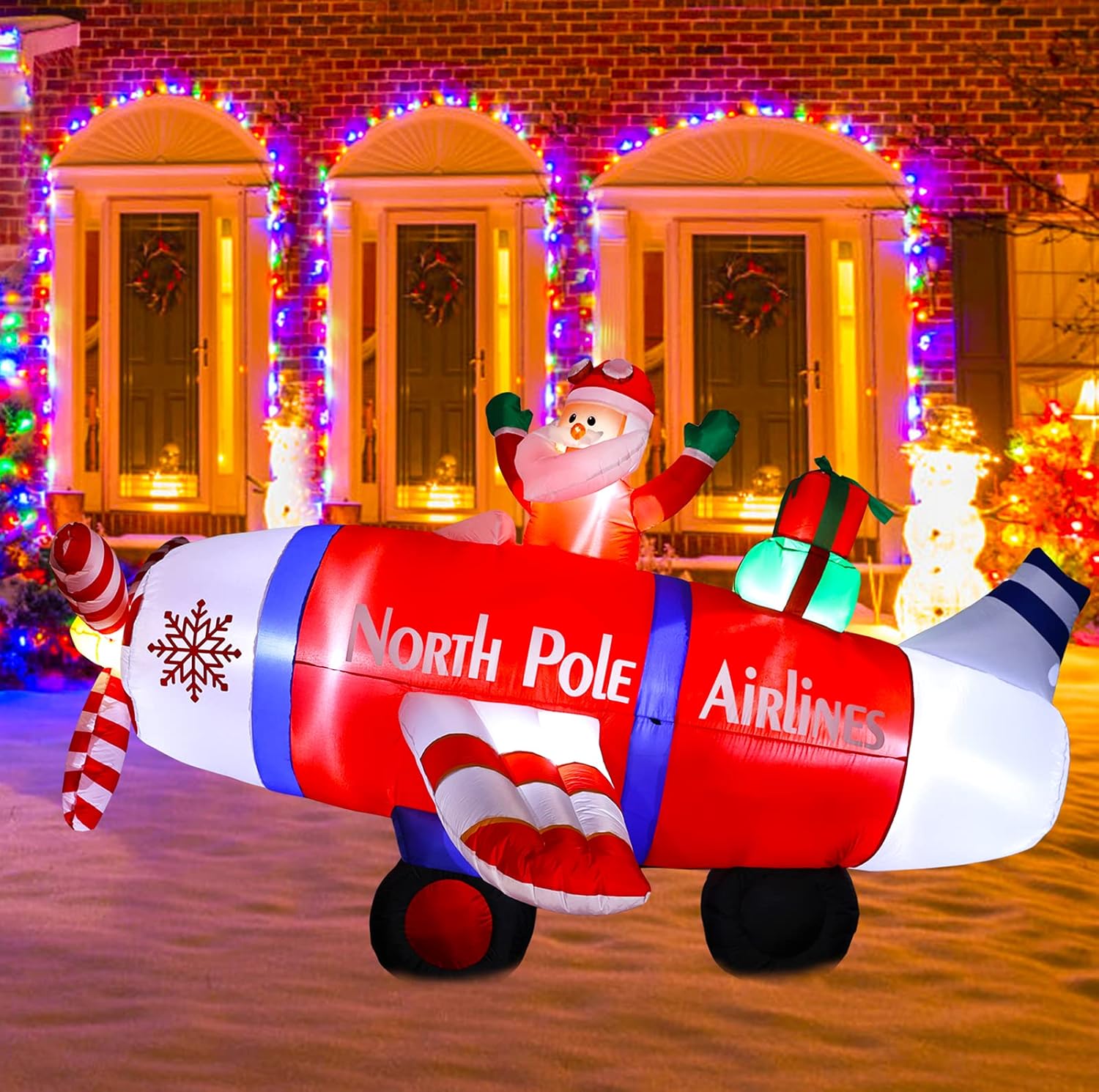 Inflables de Navidad de 8 pies, decoraciones al aire libre, avión polar volador gigante de Papá Noel con regalos, decoraciones inflables iluminadas