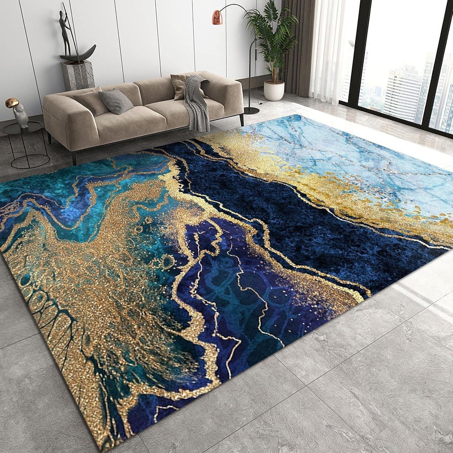 Alfombra de área con textura de mármol degradado azul marino, dorado, moderno, abstracto, cartucho, dorado, para interiores, con respaldo