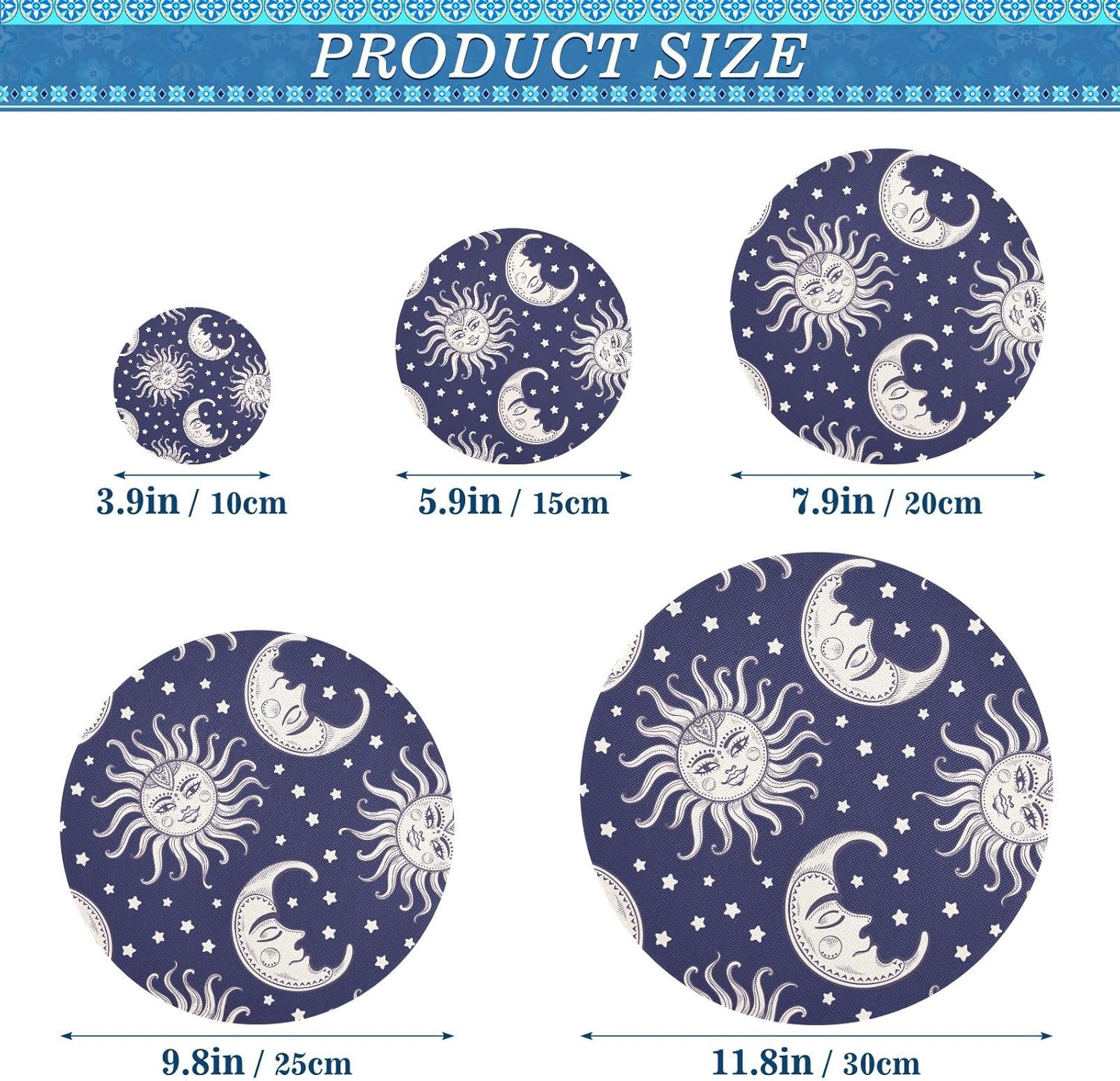 Sun Moon – 5 fundas elásticas reutilizables para cuencos para almacenamiento de alimentos, tapas de tela elástica con 5 tamaños diferentes, tapas de