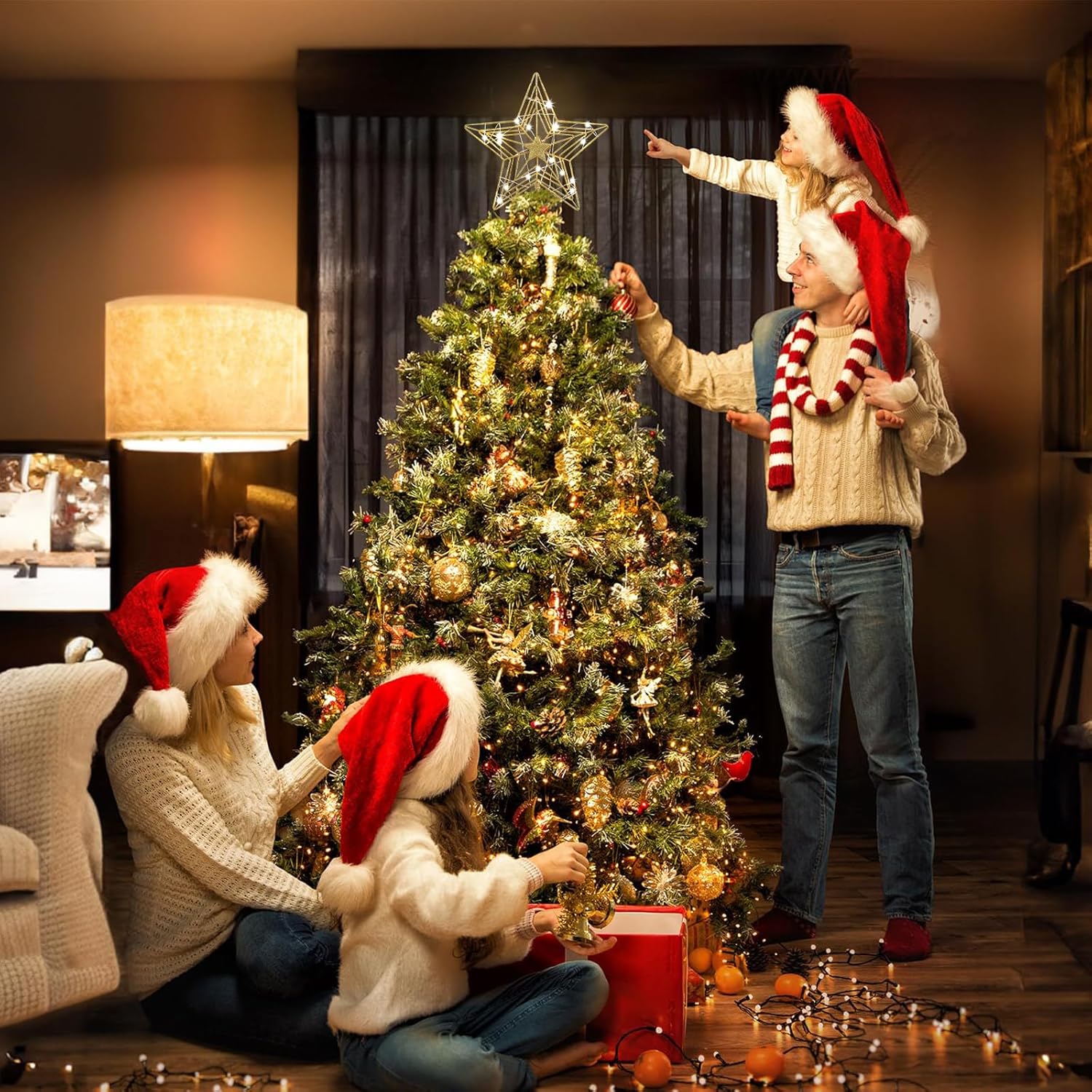 Decoración para árbol de Navidad, estrella dorada de hogardeck para decoración de Navidad, 20 luces LED con purpurina para decoración de árbol de