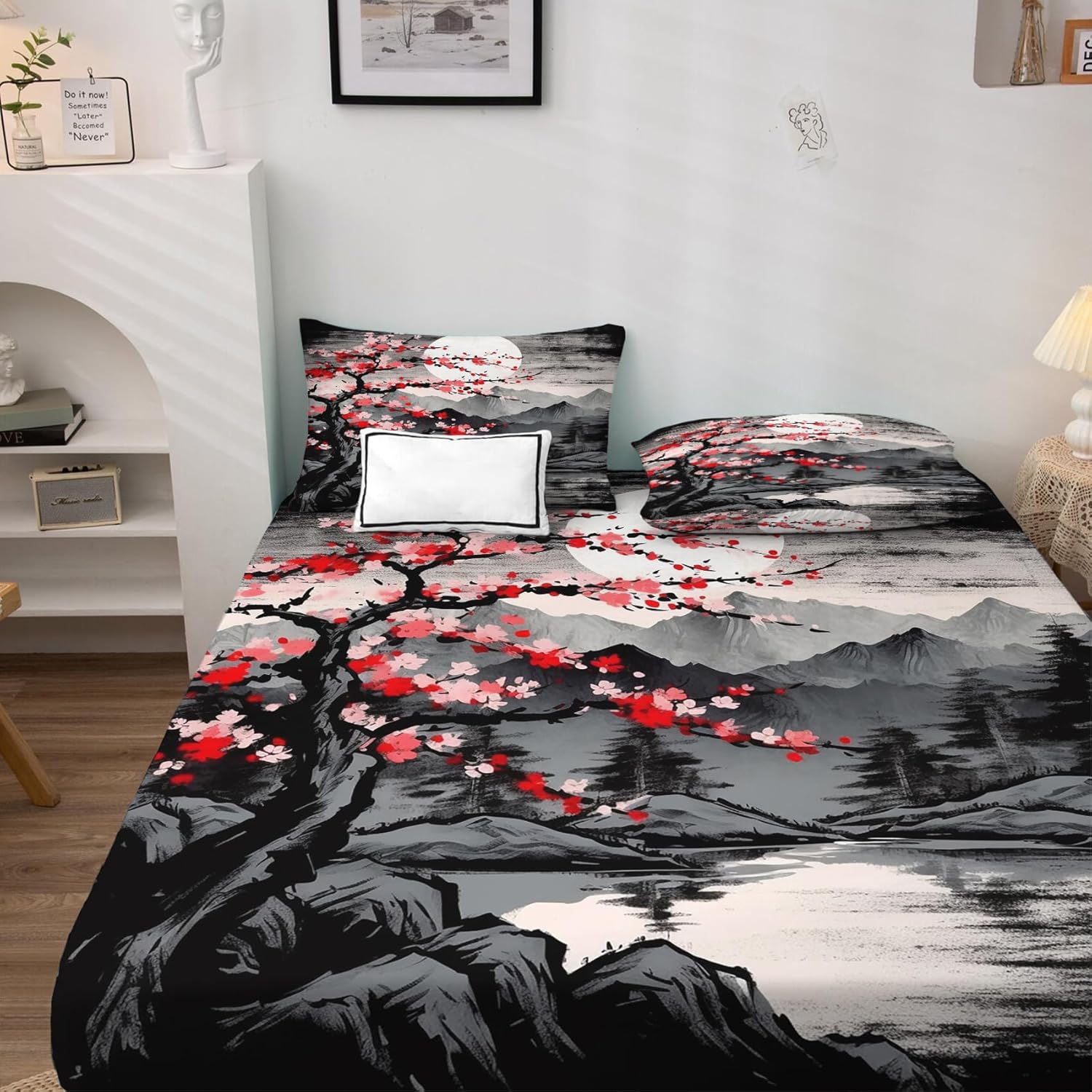 Sábanas japonesas tamaño California King, sábanas y fundas de almohada con patrón de flor de cerezo de montaña japonesa, bolsillo profundo de 14
