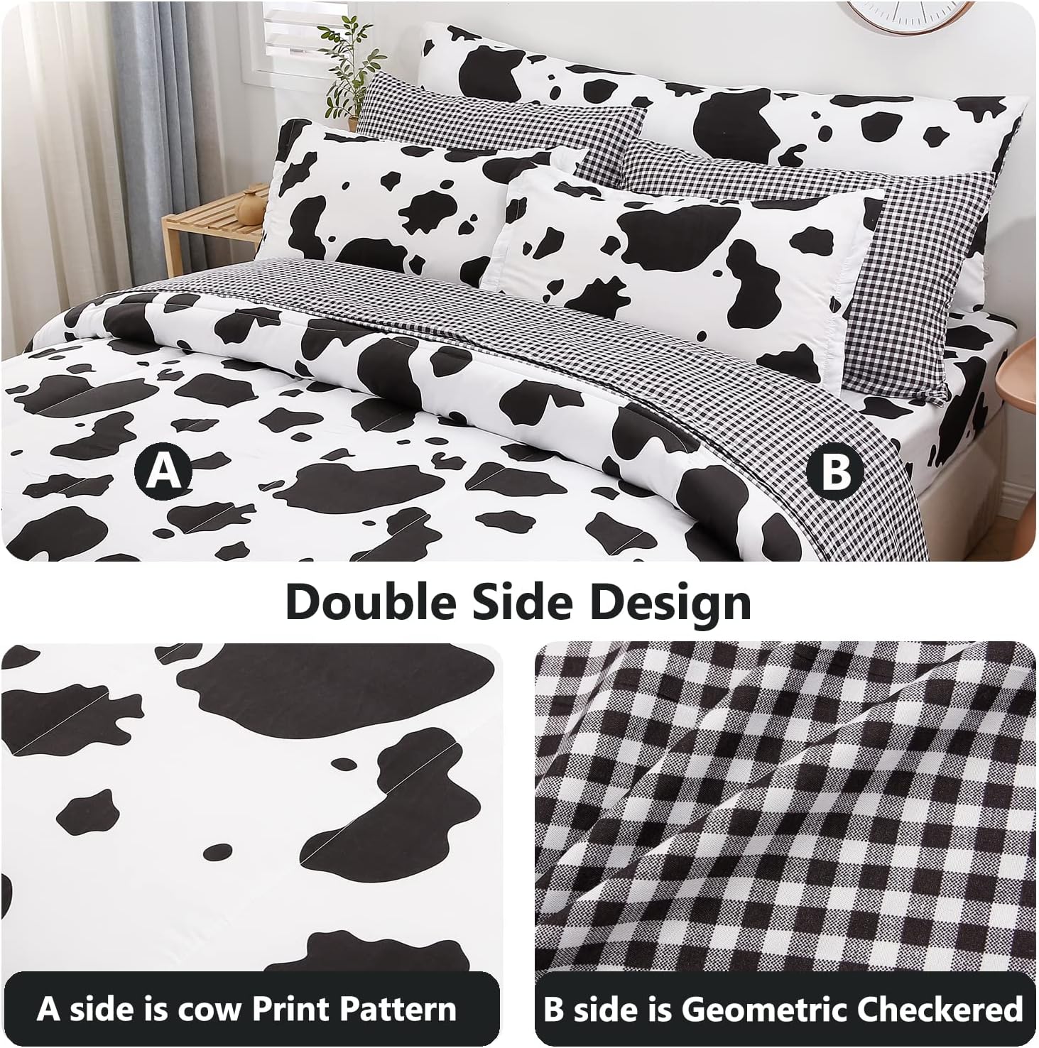 SUCSES Juego de edredón tamaño individual con sábanas de 8 piezas con estampado de vaca, ropa de cama de piel de vaca en una bolsa para niños y