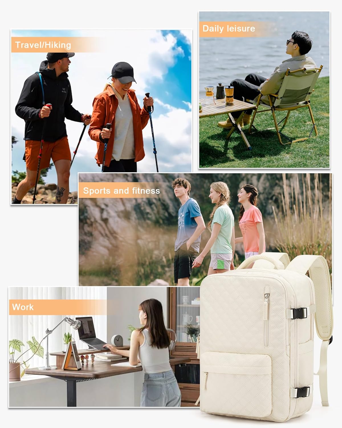 VECAVE Mochila de viaje para laptop, mochila aprobada para vuelos,Mochila deportiva para universidad casual, M-Beige, Mochila para laptop