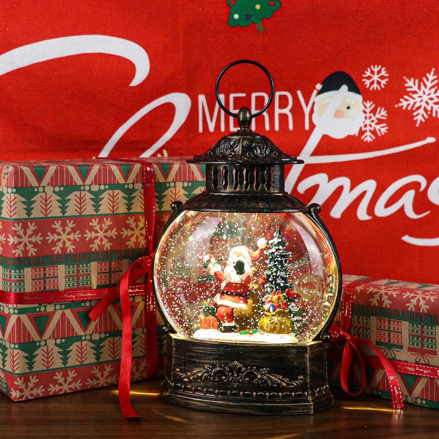 DRomance Christmas Singing Snow Globe Lantern Battery Operated USB Powered Lighted Water Glitters Music Snow Globe Holiday Decoration for Women