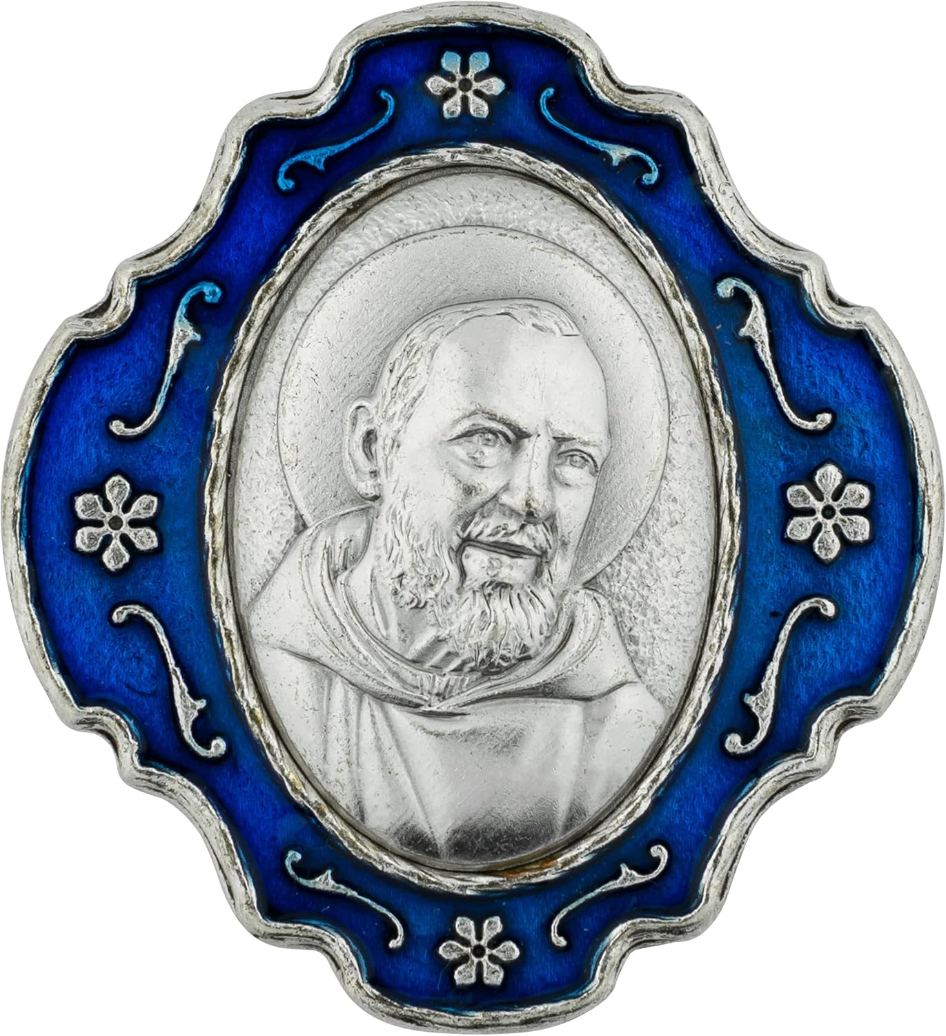 Rosario con caja de metal Padre Pio  Cuentas florales de granizo María en tono plateado con cuentas azules del Padre Pío Nuestro Padre  Gran regalo