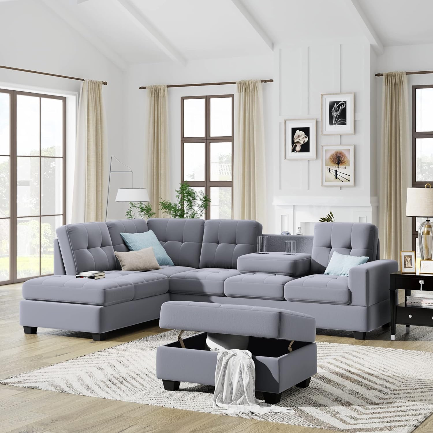 Sofá modular modular, muebles de sala de estar modernos con diván reversible, sofá tapizado de terciopelo en forma de L con otomana de