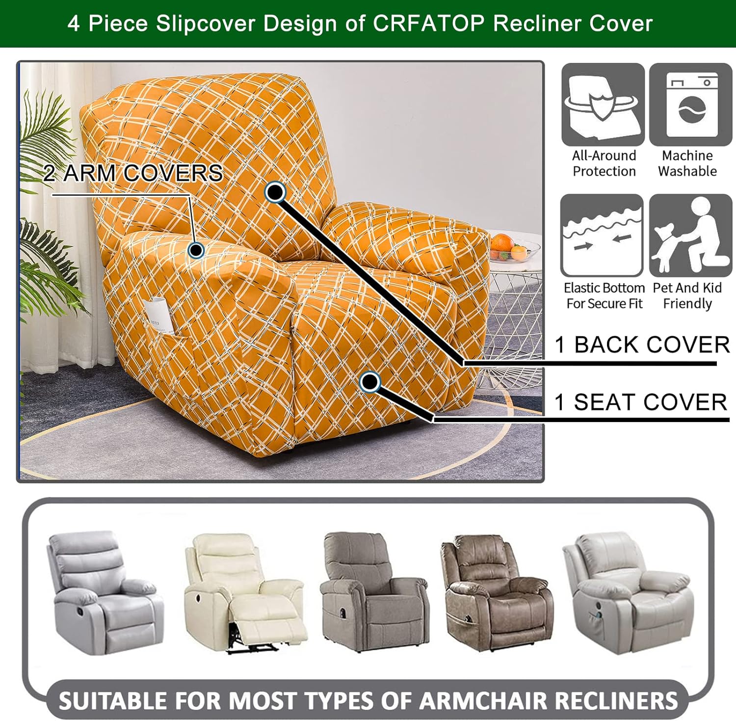 CRFATOP Funda reclinable con estampado floral con bolsillos, funda reclinable individual, 4 piezas, funda para sillón reclinable con parte inferior