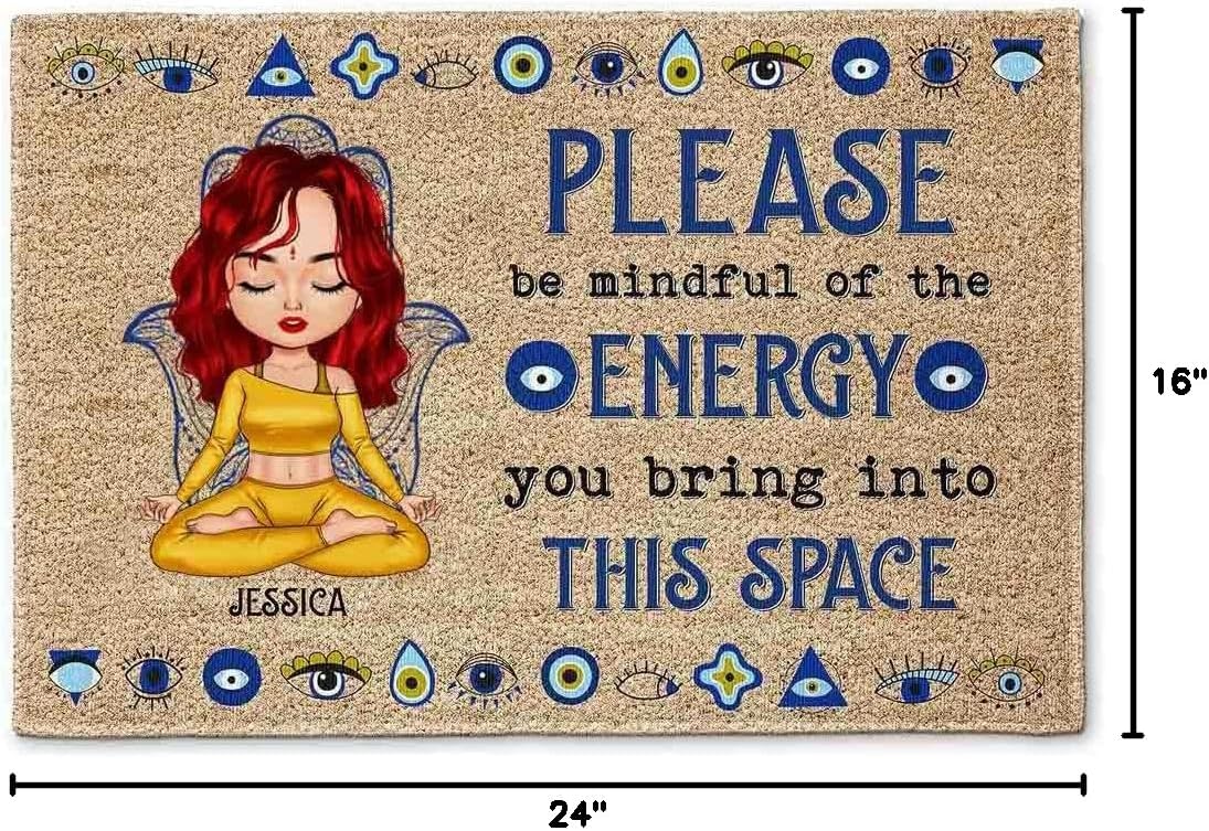Tapete personalizado con texto en inglés Please Be Mindful of the Energy You Bring Into This Space, tapete de yoga para cumpleaños, regalo amoroso