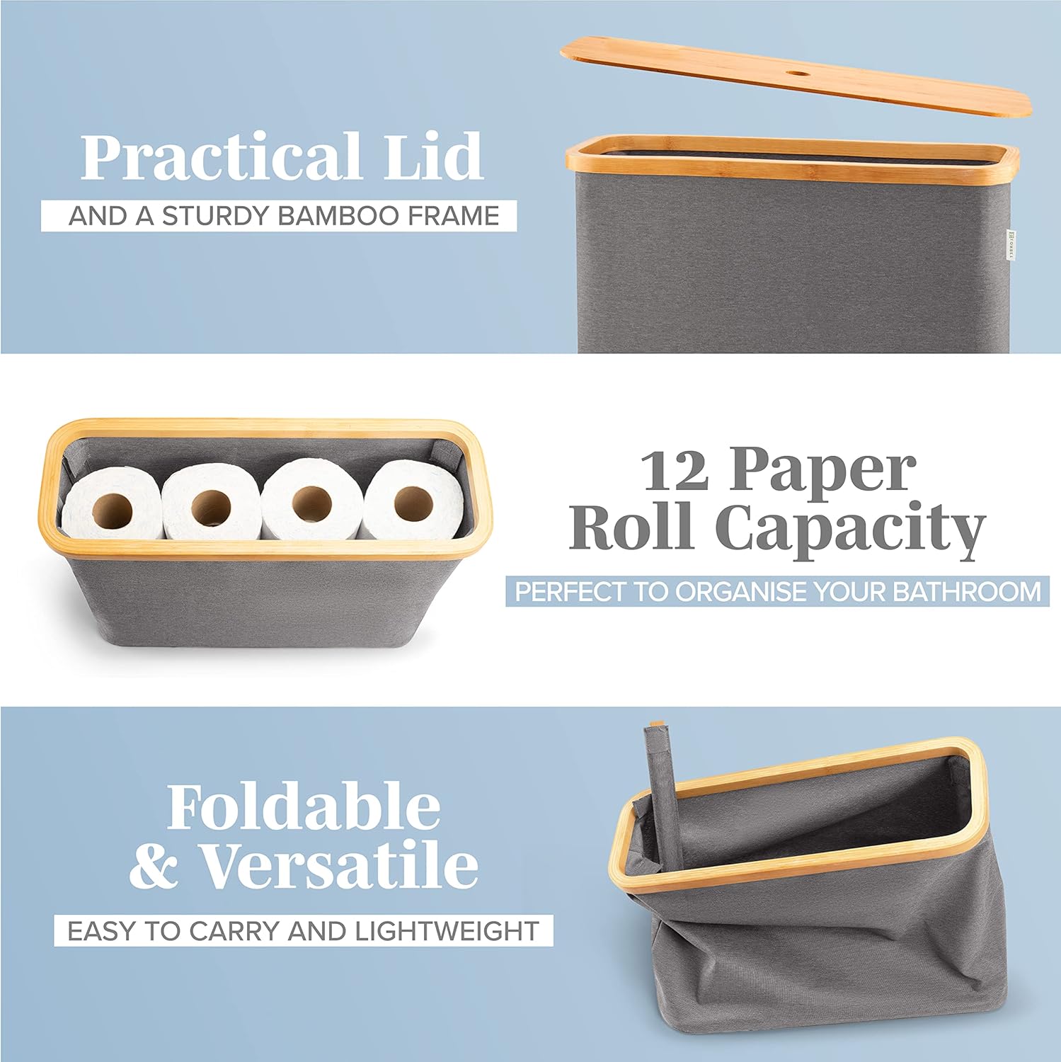 Cesta de lavandería gris con tapa  XL 100 L  Cestas grandes para lavandería con asas  Contenedor alto de bambú para ropa sucia  Cesta de papel