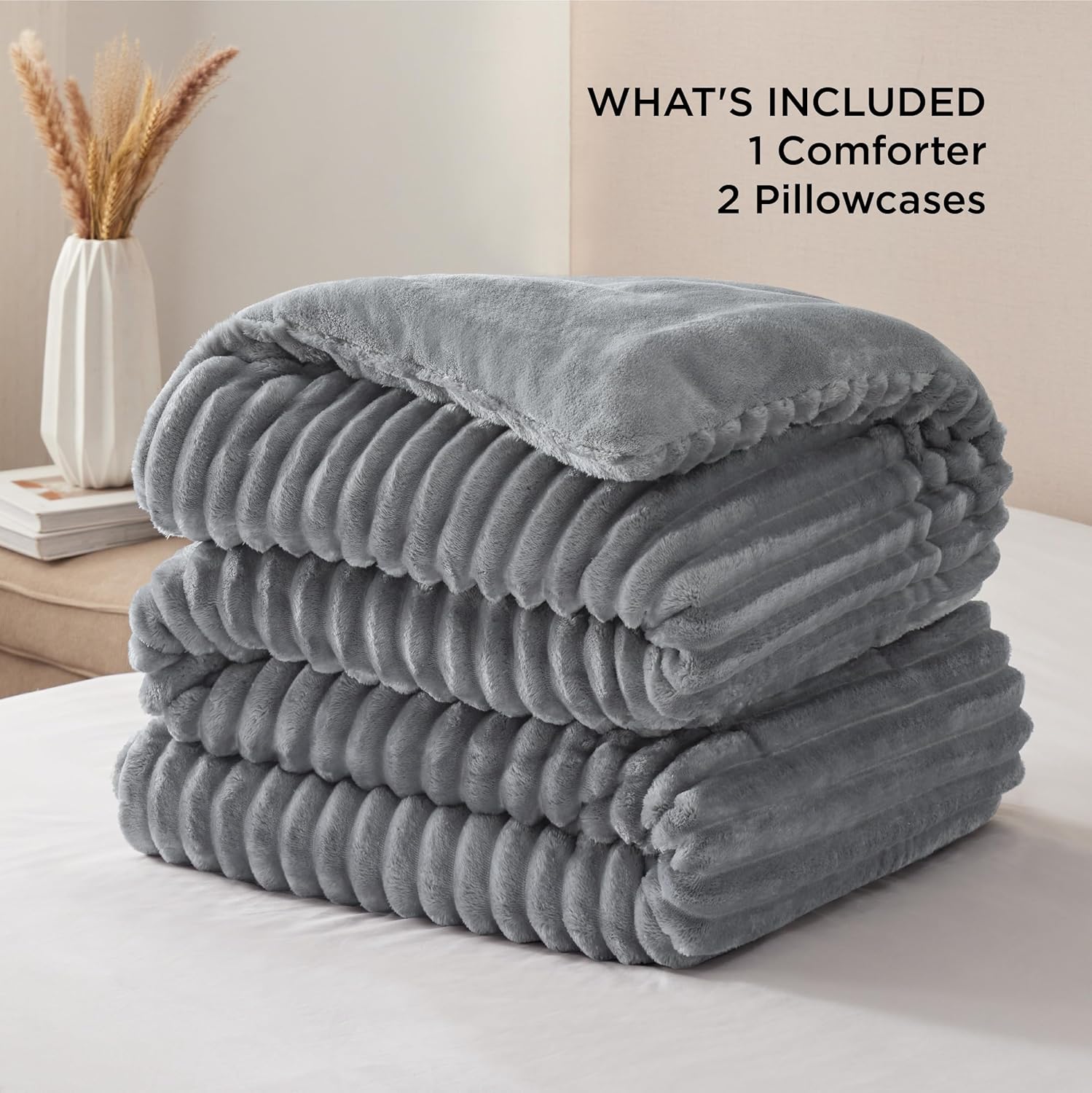 Bedsure Juego de edredón esponjoso tamaño King, edredón de piel sintética súper suave, tamaño King, color gris, juego de ropa de cama de forro polar