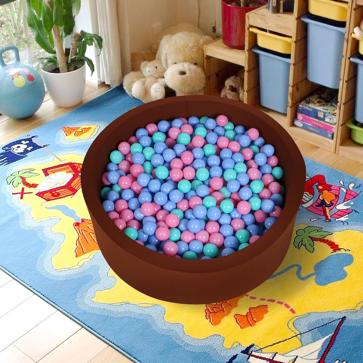 Pozo de bolas para pelotas de 35.4 x 11.8 pulgadas, redondo de espuma para niños pequeños, equipo de juego suave, pelotas no incluidas (marrón