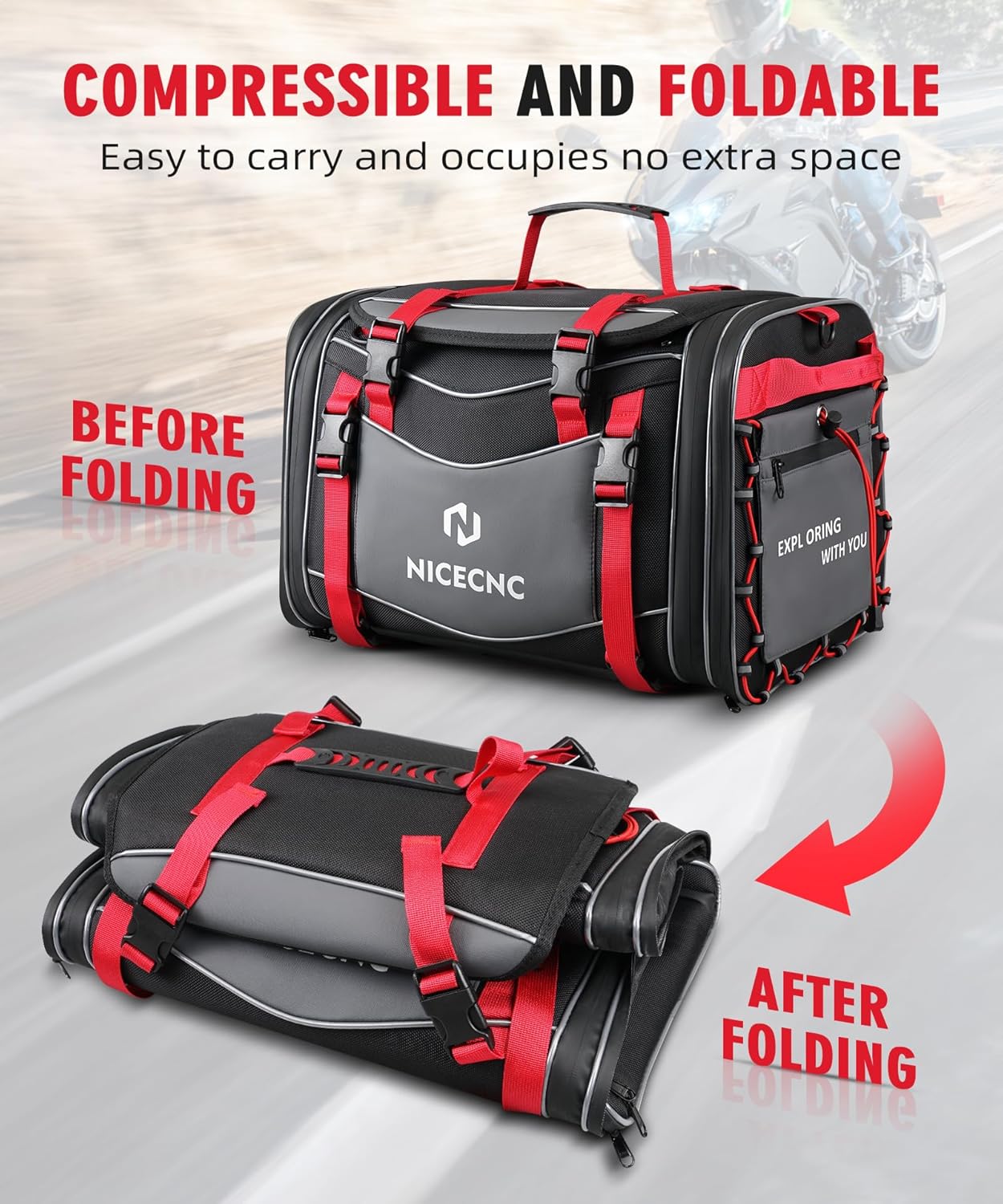 NICECNC Bolsa de equipaje para motocicleta, bolsa de asiento trasero de motocicleta expandible de 53 litros, bolsa universal de almacenamiento para