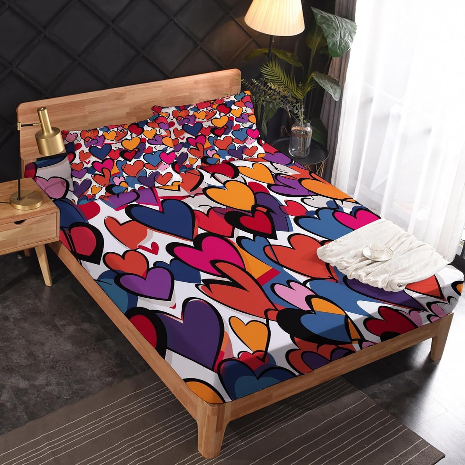 zcsm Sábanas de corazón tamaño Queen  Sábanas de microfibra suave con bolsillo profundo, sábanas y fundas de almohada estampadas sin arrugas, 4