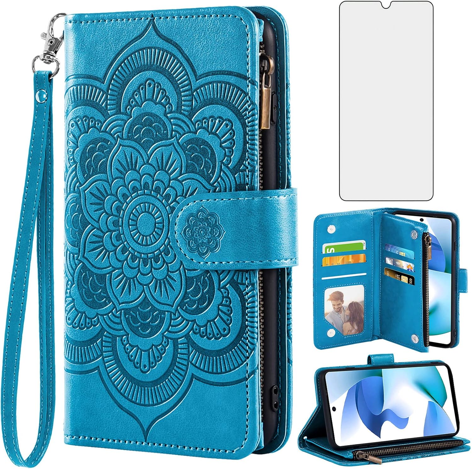 Asuwish Funda para teléfono BLU F91 5G 2022 con protector de pantalla de vidrio templado y tarjetero de cuero con diseño de flores, soporte para