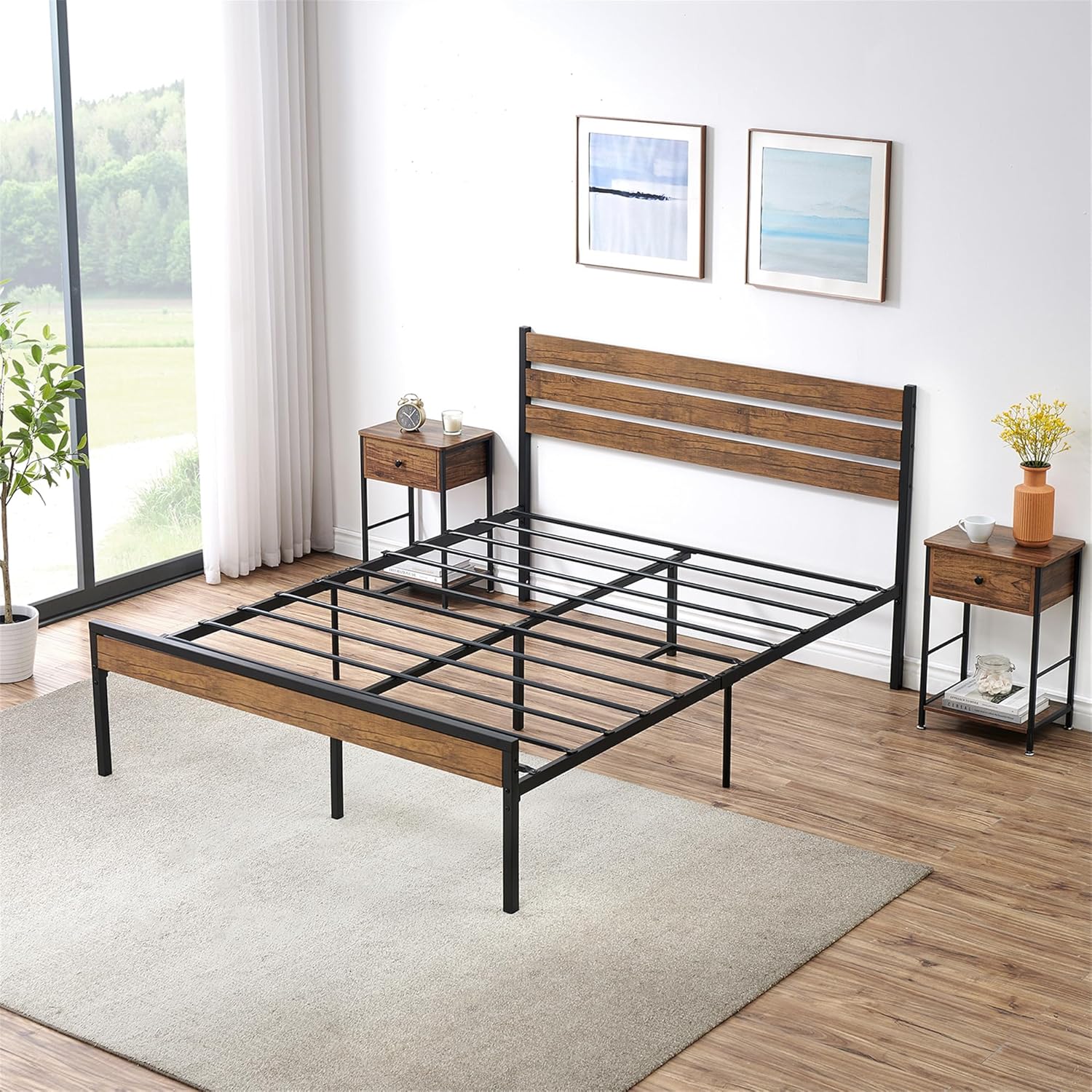IDEALHOUSE Base de cama Queen con cabecera de madera rústica vintage, marco de cama tamaño Queen con almacenamiento, base de colchón, soporte de