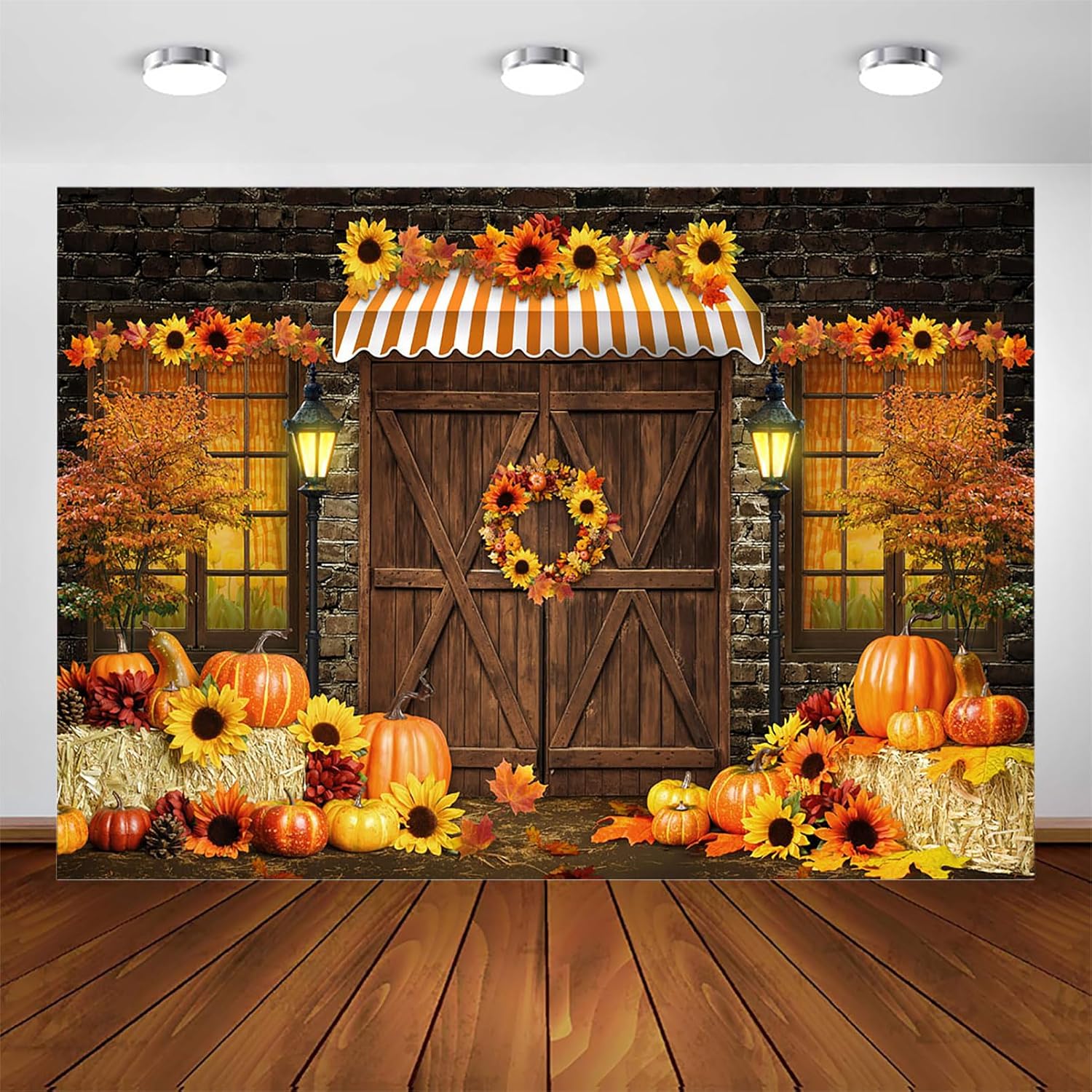 Avezano Telón de fondo de otoño para fotografía, girasoles de otoño, calabazas, cosecha, Acción de Gracias, fondo de foto rústico, puerta de
