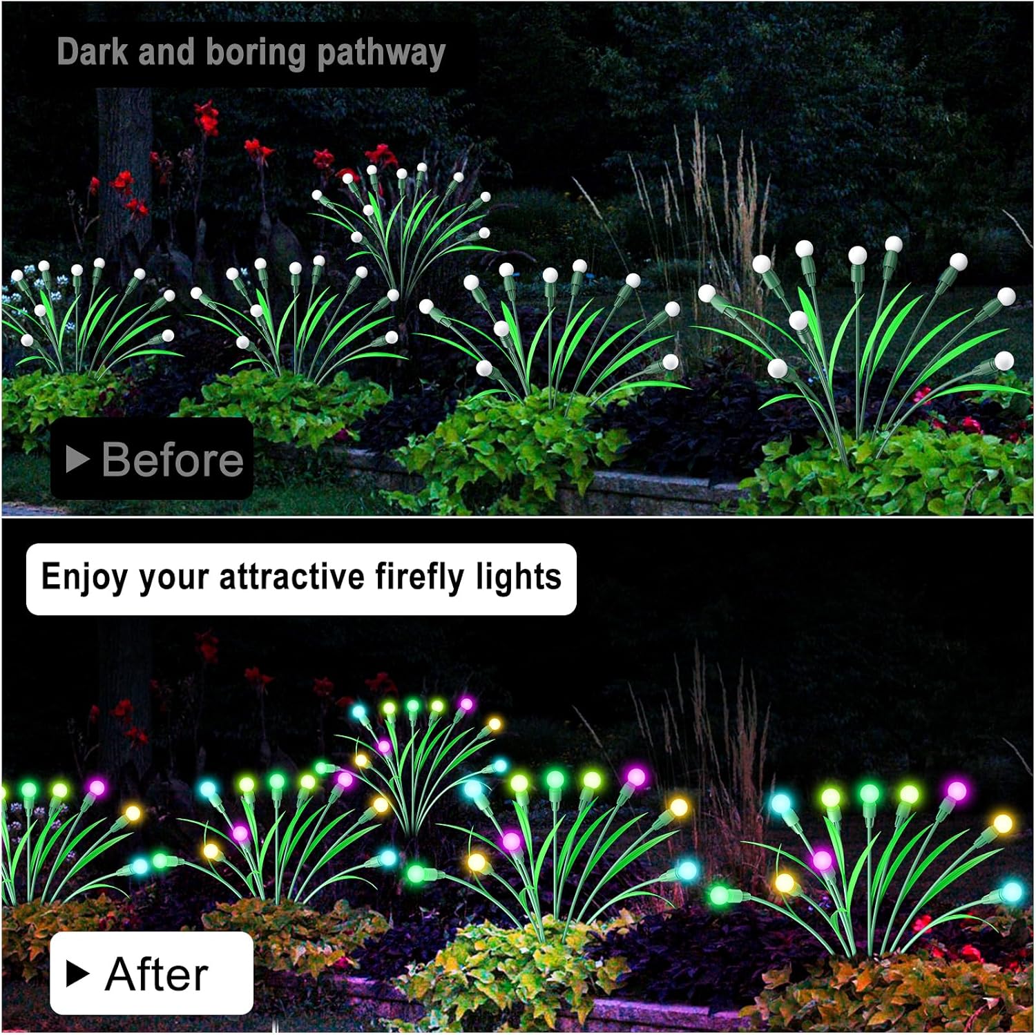 Paquete de 4 luces solares de jardín, 10 luces LED RGB alimentadas por energía solar, luces solares impermeables para exteriores, luces solares de
