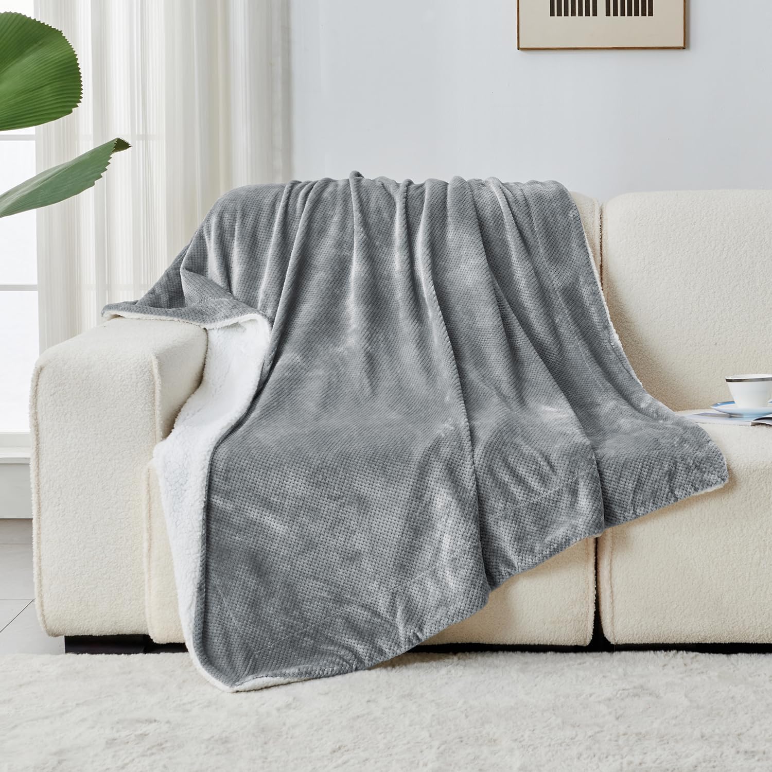 SOCHOW – Manta de forro polar Waffle Sherpa, muy suave, cálida y esponjosa, ligera, reversible, manta de felpa para cama, sofá