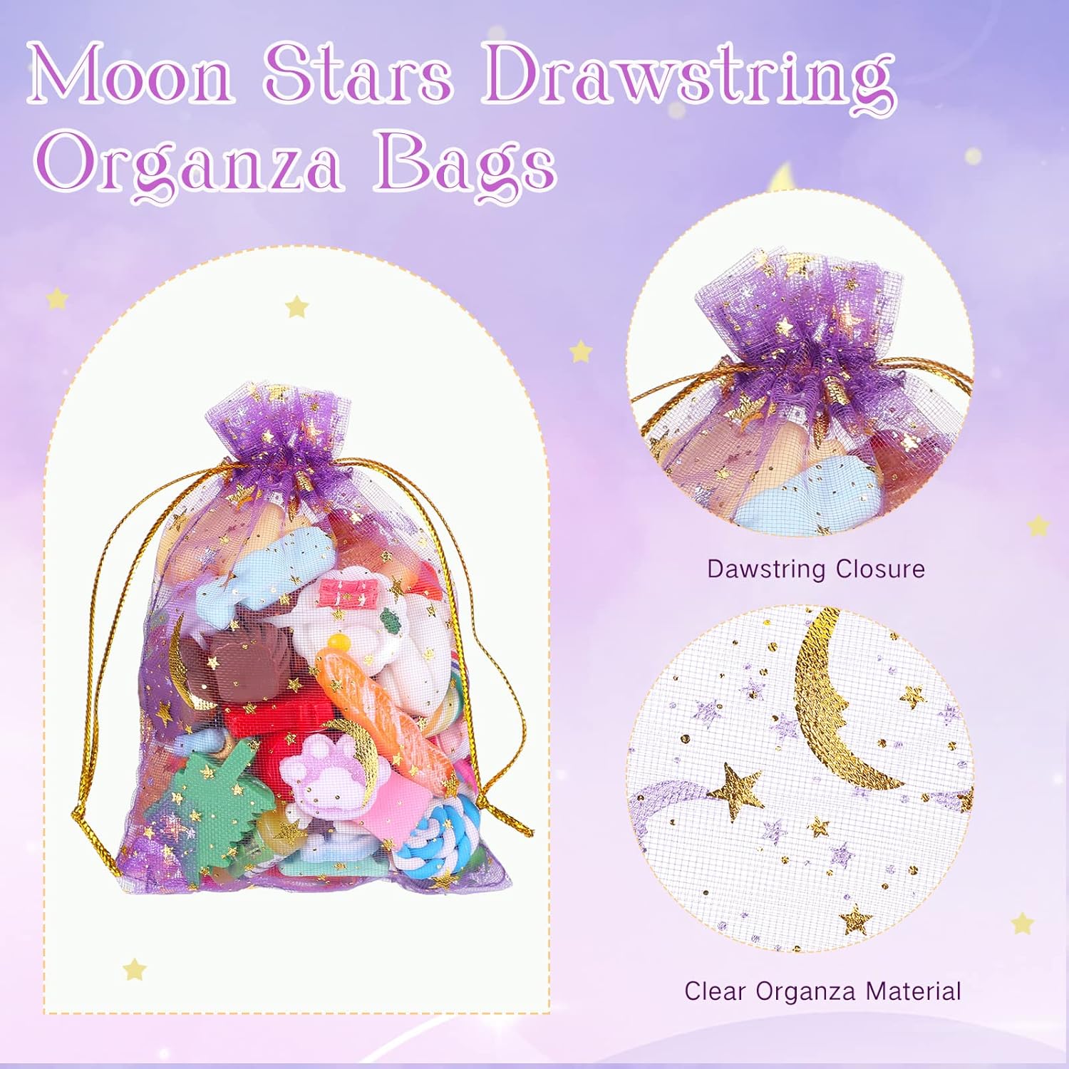 Shappy 150 bolsas de organza con cordón y estrellas de luna, bolsas de regalo de joyería, bolsas de organza con estrellas doradas para Navidad,