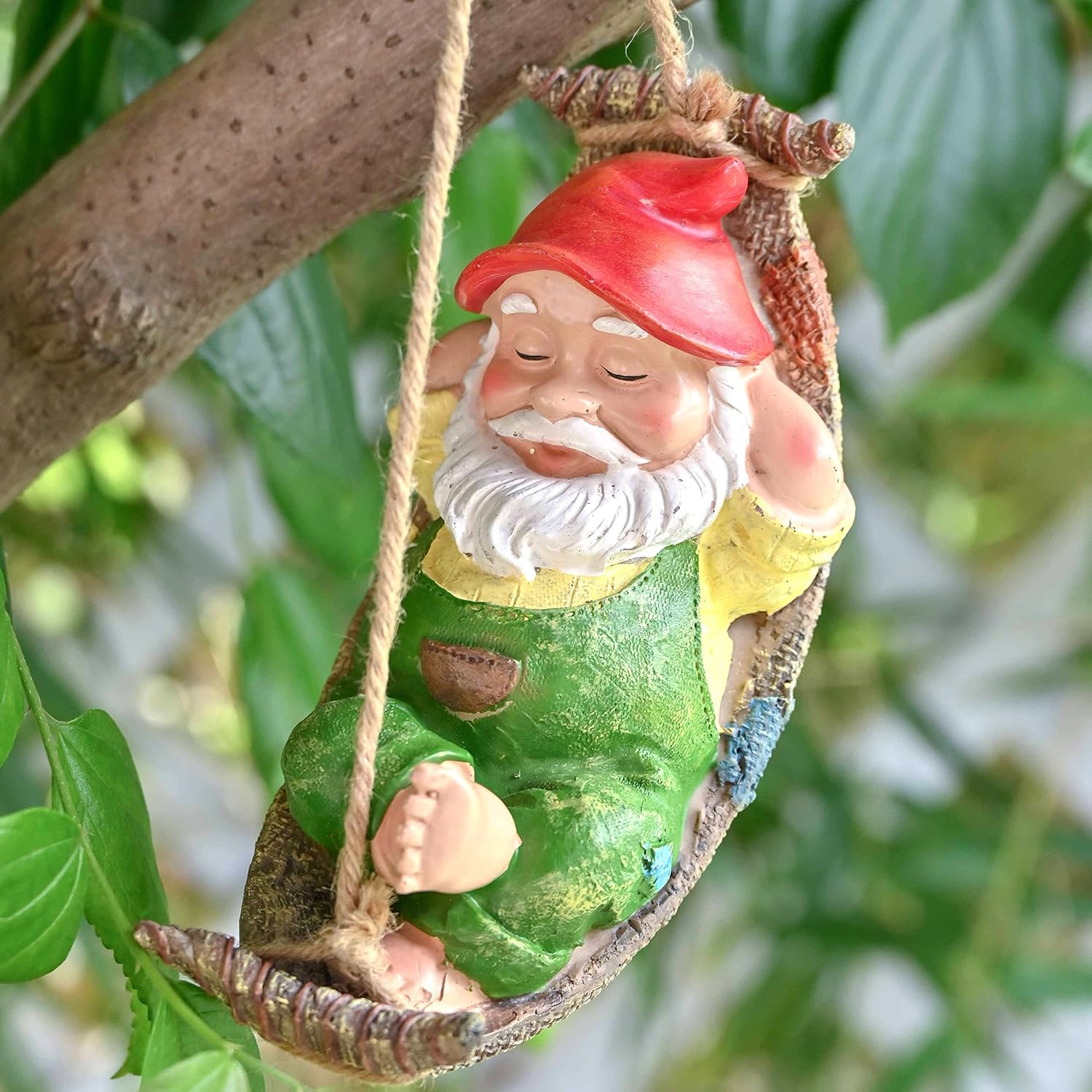 Divertidos gnomos de jardín, bonitos gnomos decorativos para exteriores, estatua colgante para exteriores, gnomo soñoliento en hamaca de hojas