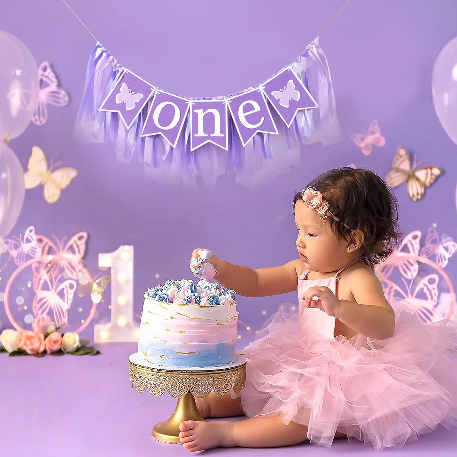 Cartel de mariposa para silla alta  Decoración de mariposa para el primer y primer cumpleaños, tutú de silla alta de mariposa para primer