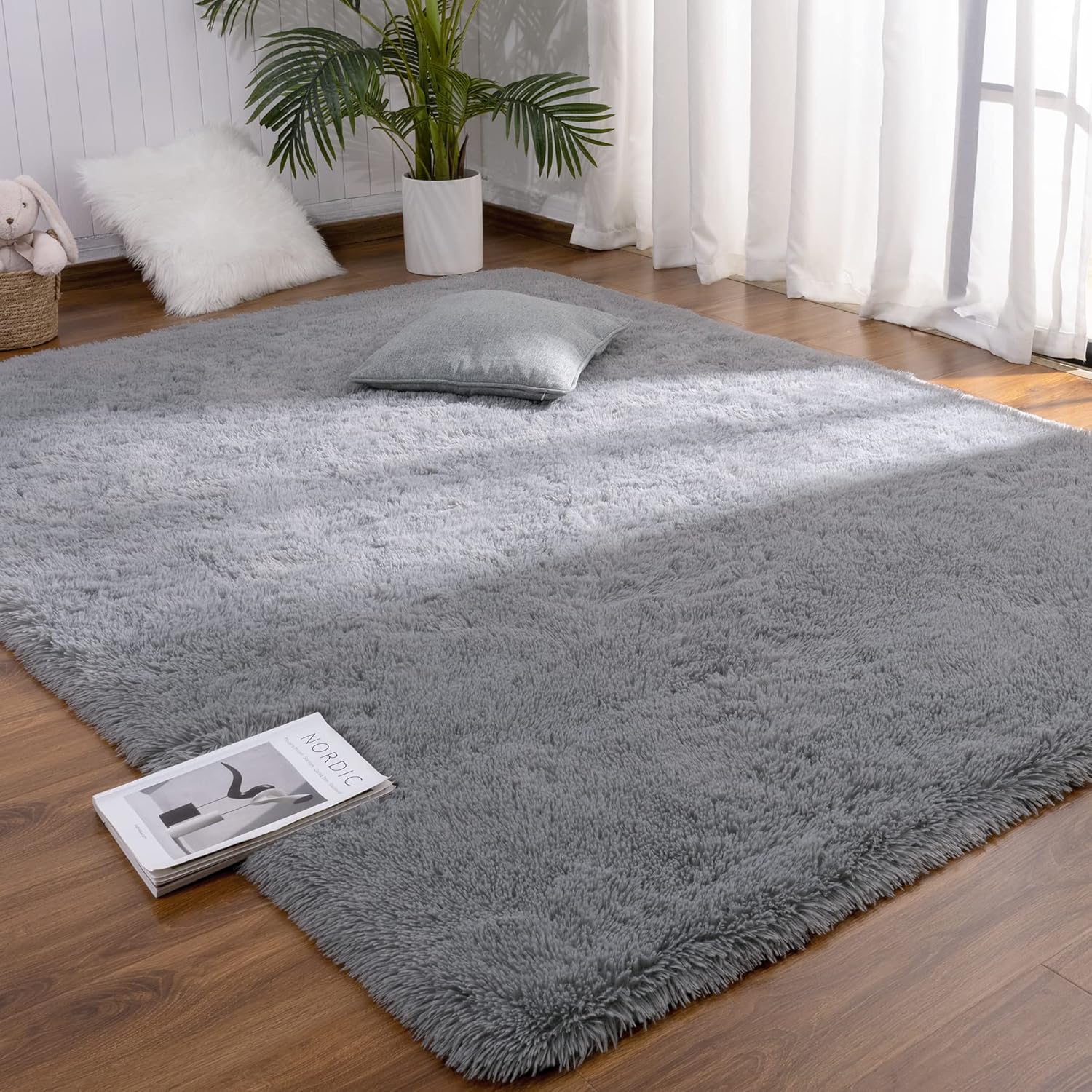 Alfombra de dormitorio gris de 4 x 6 pies, esponjosa para dormitorio, alfombra suave, alfombra de área grande, alfombra lavable y antideslizante,