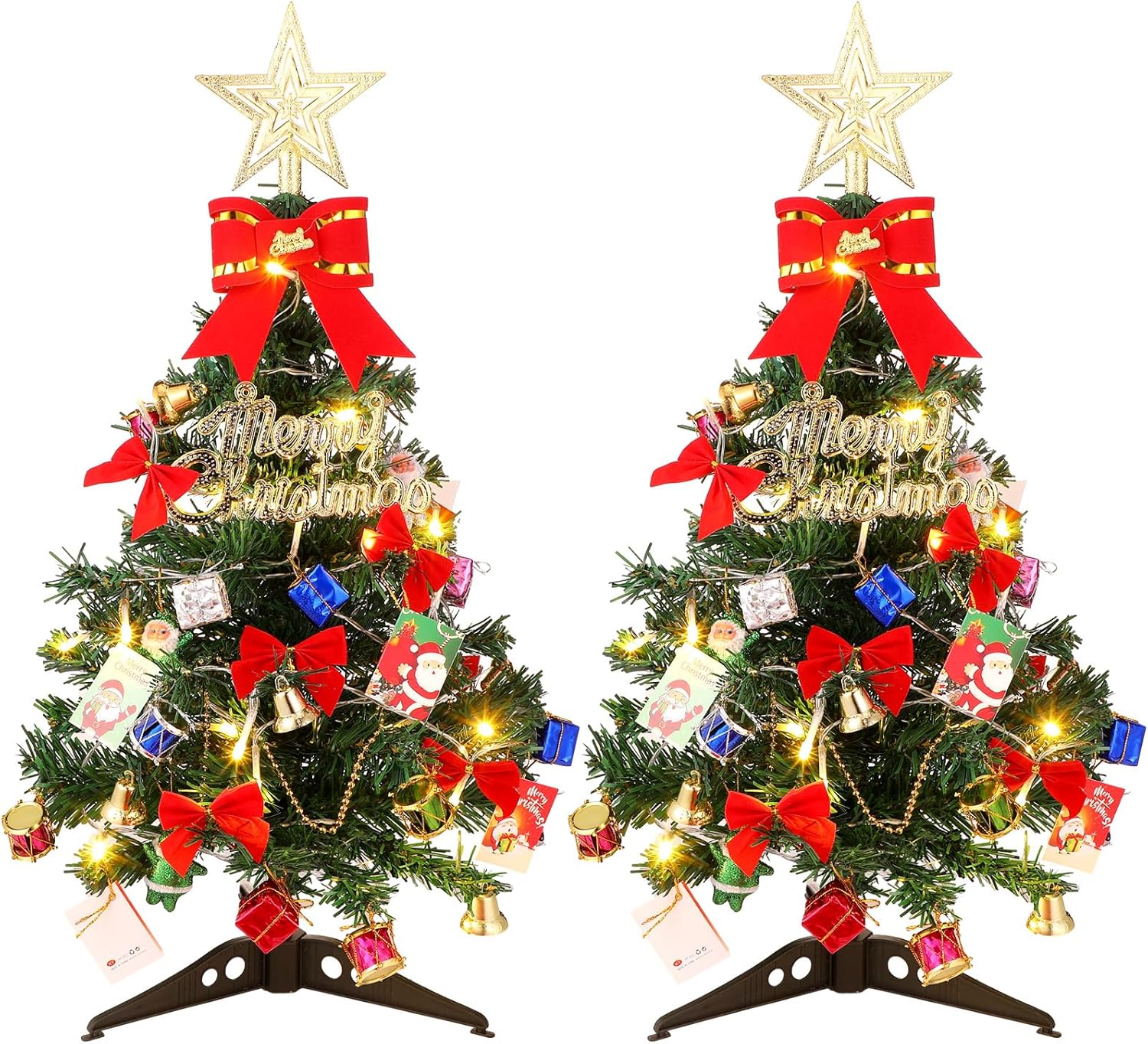 Hiboom 2 piezas de mini árbol de Navidad de 24 pulgadas con luces LED, estrella preiluminada de mesa, árbol de Navidad, cajas de regalo, adornos
