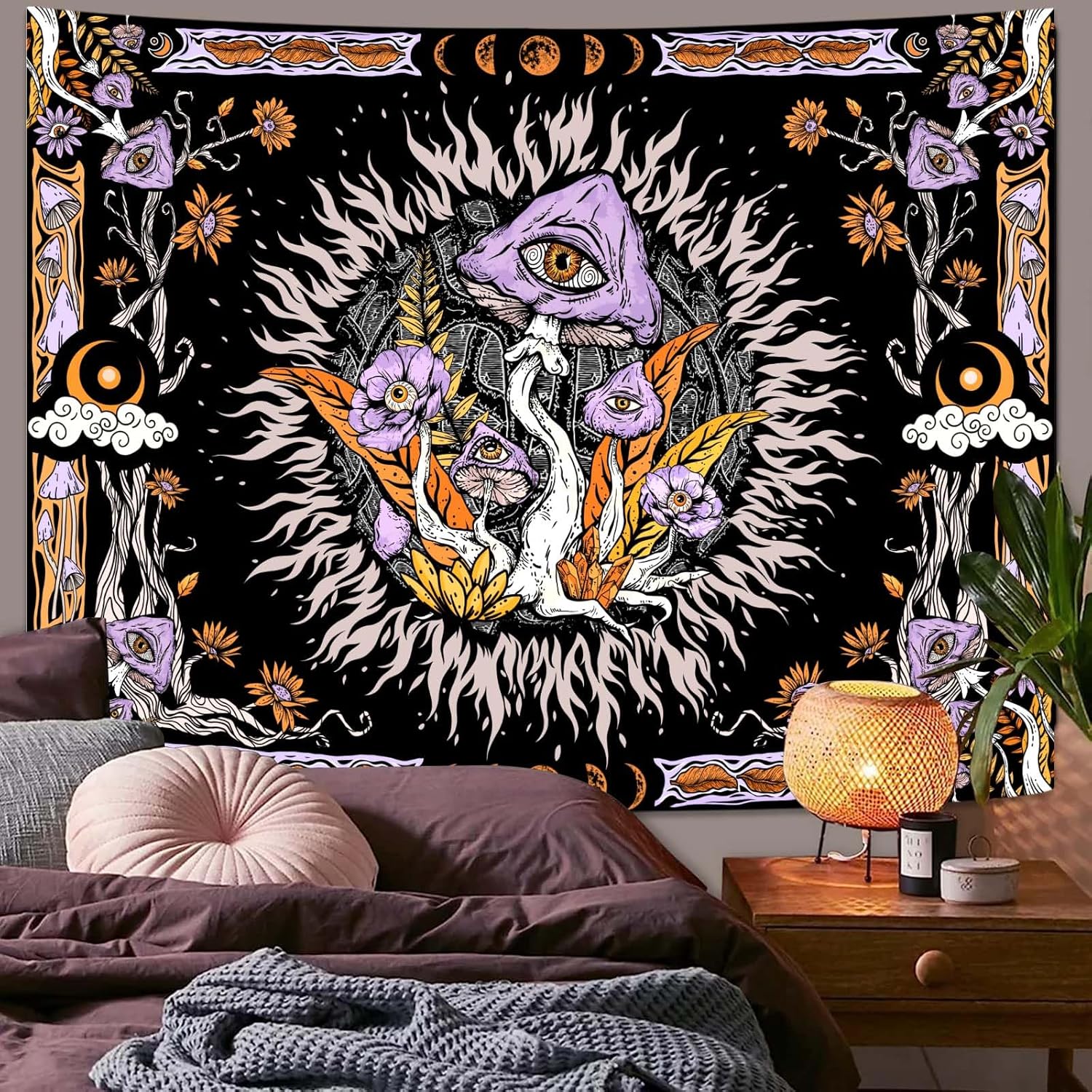 Lifeella Tapiz de hongos morados, ojos hippie con hojas florales, tapices de fase lunar para dormitorio, grunge, para colgar en la pared, 60 x 80