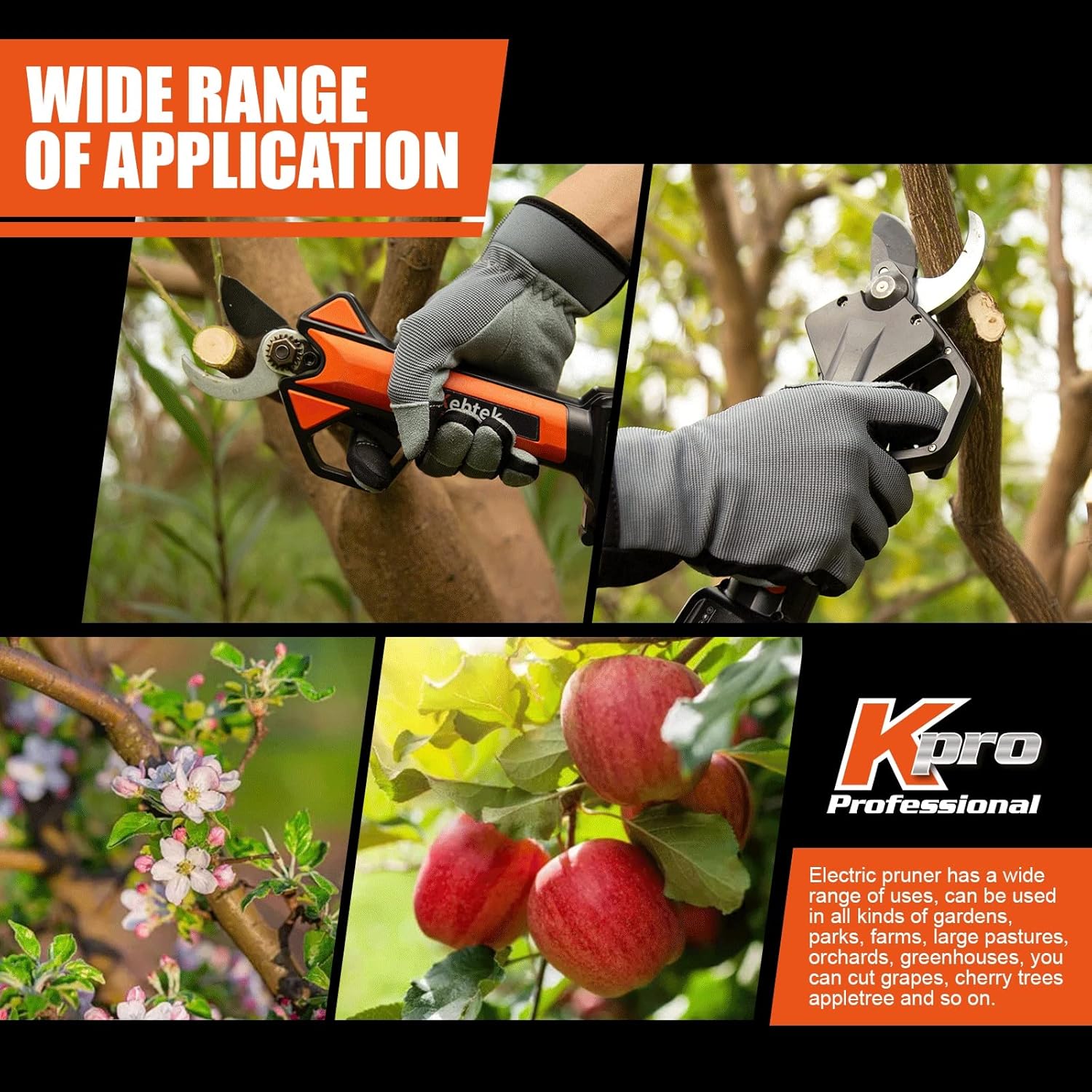 Kebtek Tijeras de podar eléctricas profesionales inalámbricas para jardinería, tijeras de podar a pilas con 2 baterías de 2500 mAh, 5000 cortes,