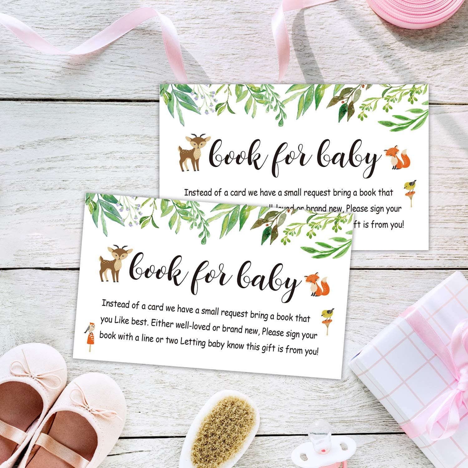 Paquete de 50 libros para tarjetas de solicitud de baby shower, libros florales de bosque para tarjetas de inserción de bebé, insertos de invitación