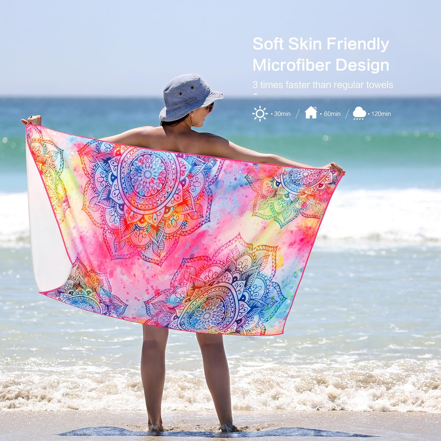 Lokigo Toalla de playa con diseño de mandala, de algodón floral de colores, toalla de baño suave y absorbente, toalla de baño para niños, niñas,