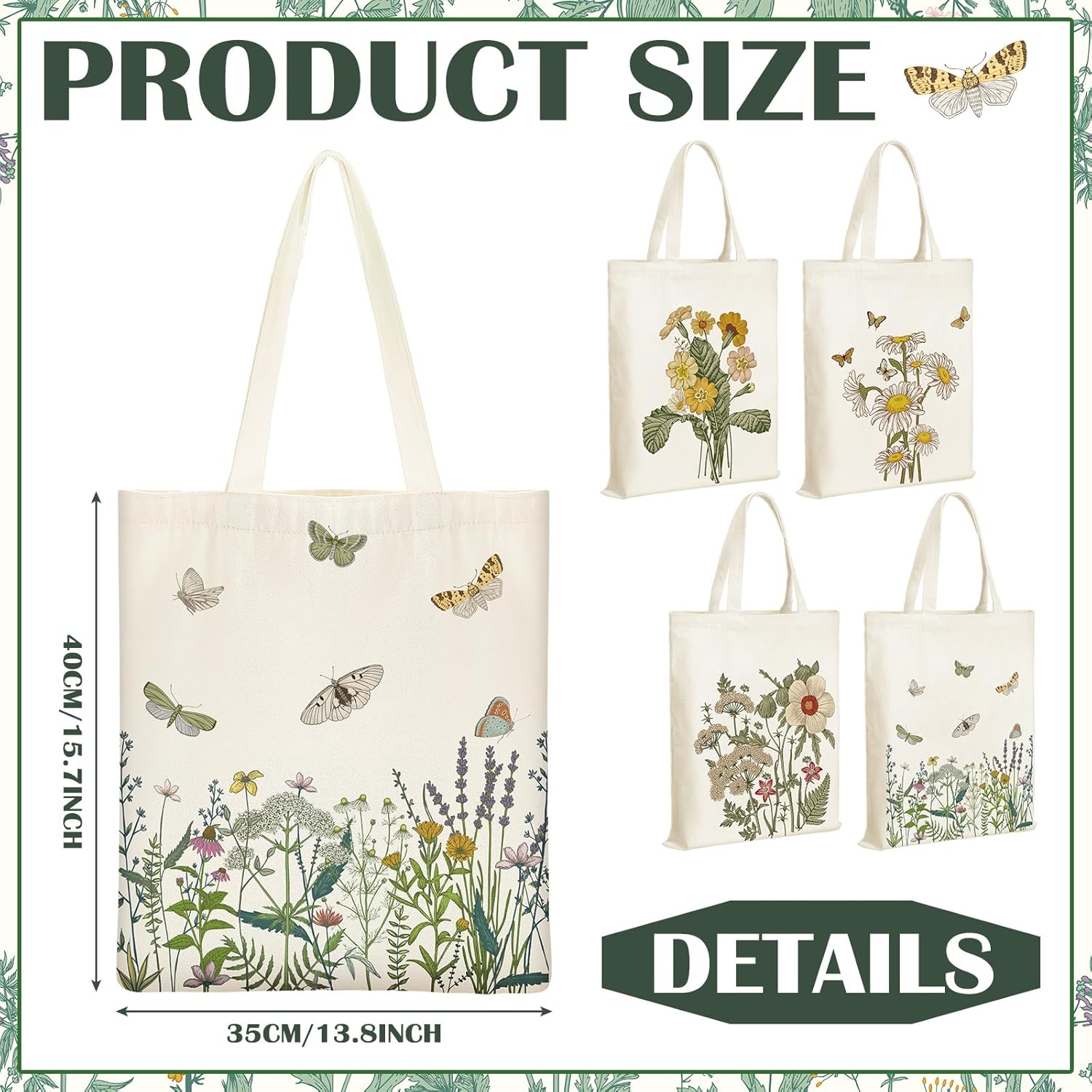 Bolsa de lona estética de 4 piezas, bolsa para amantes de las plantas, bolsa de regalo para amantes de los libros, con bolsillo interior, bolsas