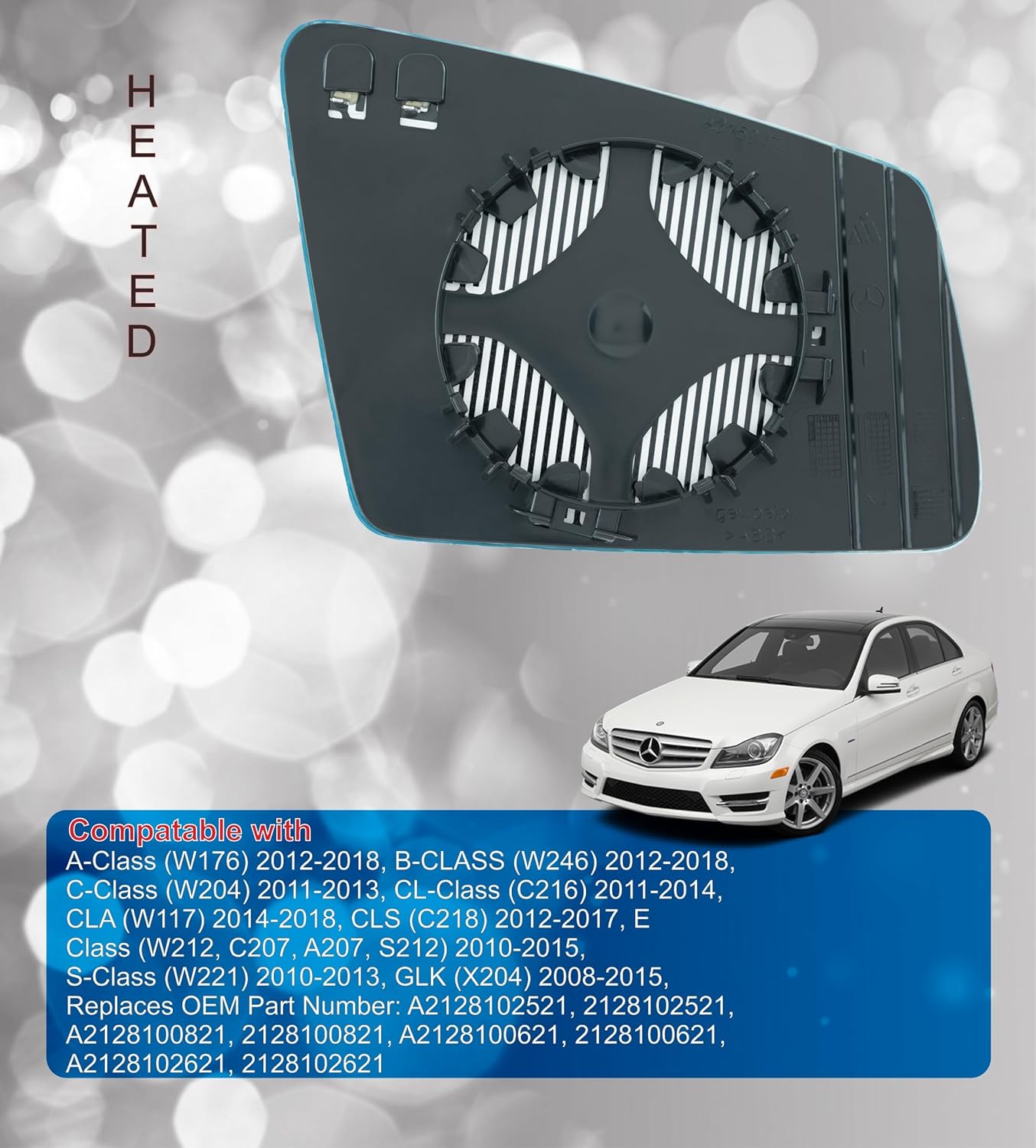 EAP Cristal de repuesto para espejo lateral del pasajero compatible con Mercedes A B C CL CLA CLS E S GLK, calentado, A2128102521, A2128100621