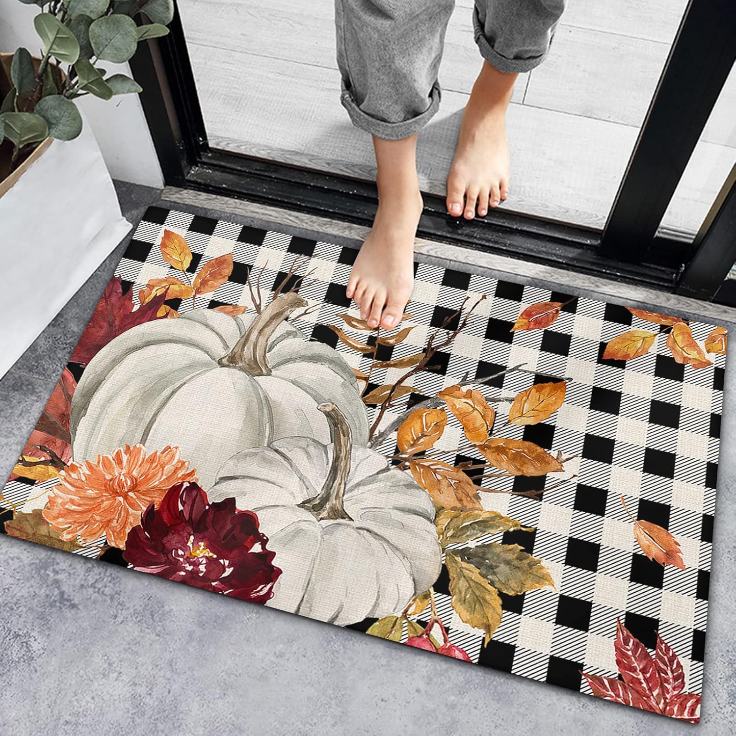 Bath Rugs Entrance Non Slip Front Door Mat Fall Pumpkins Burnt Orange Maple Leaf Black Checker Kitchen Carpets Thanksgiving Farm Harvest Floor Mats