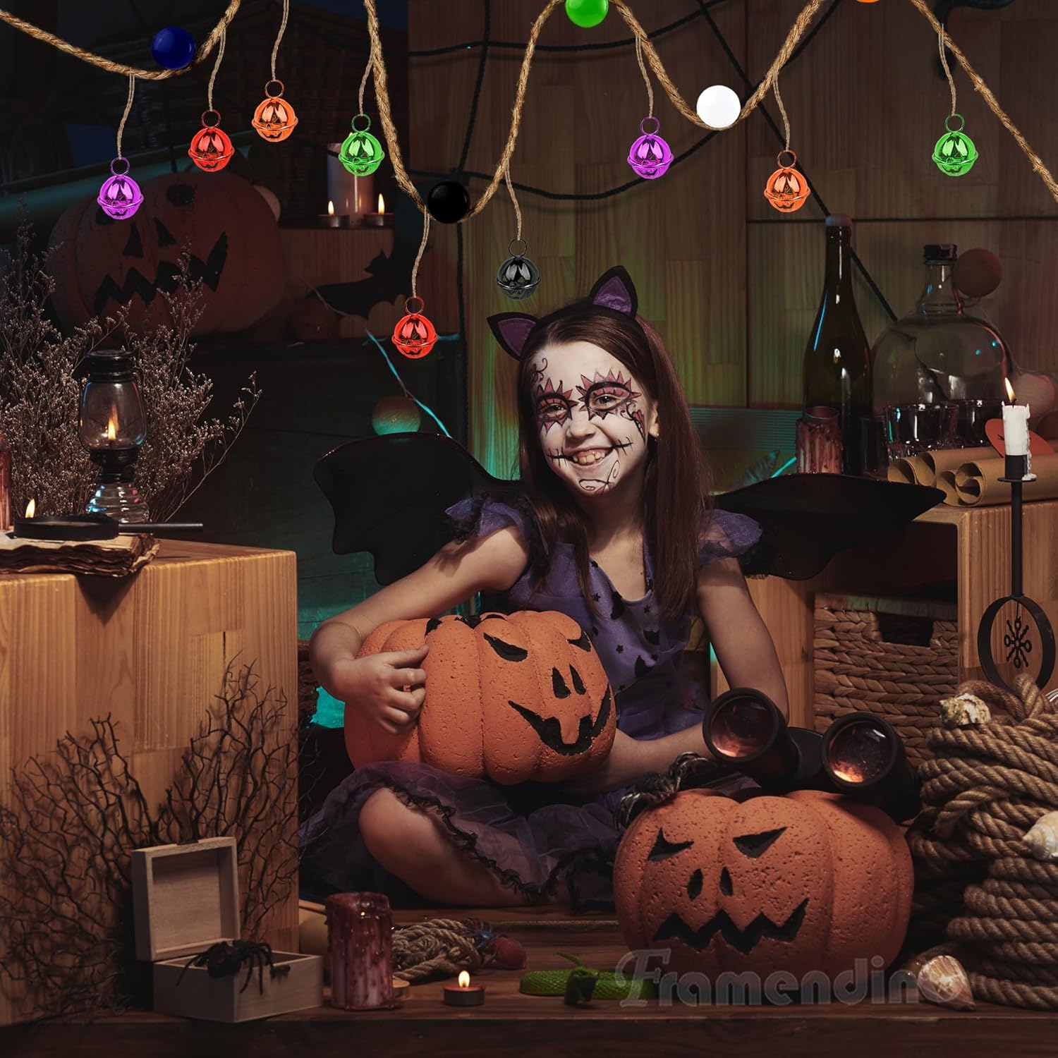 Framendino, Paquete de 60 campanas de calabaza, campanas de Halloween, cascabeles coloridos para Halloween, cuentas de calabaza