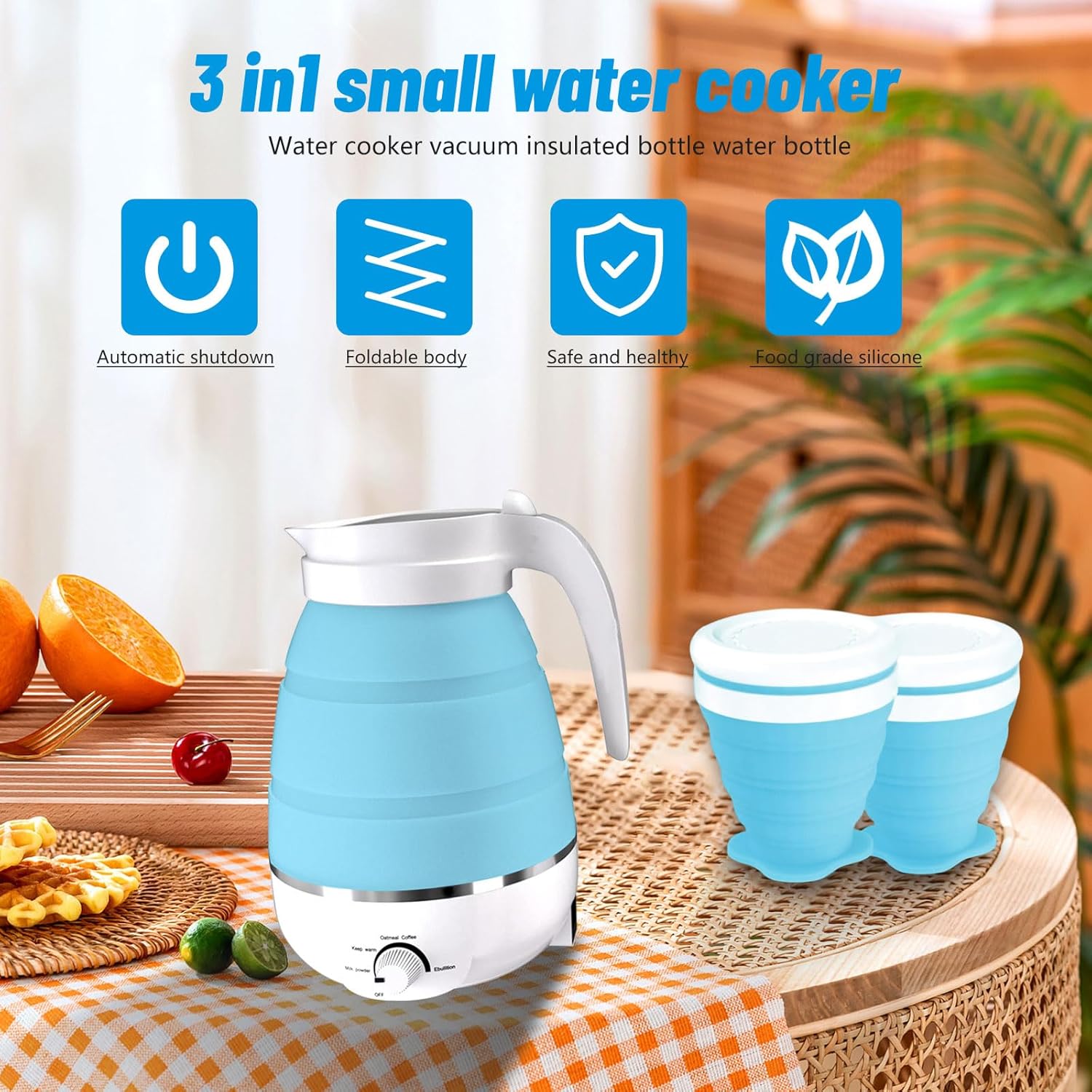Hervidor eléctrico plegable con 2 tazas, hervidores eléctricos de silicona para agua hirviendo, hervidor portátil para viajes, hervidor de té