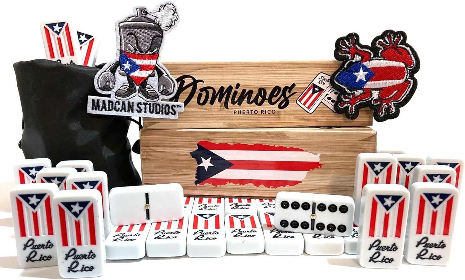 Juego de fichas de dominó con bandera de dominó de Puerto Rico, Boricua PR Puerto Rican Classic imprescindible bolsa de viaje incluida, tamaño