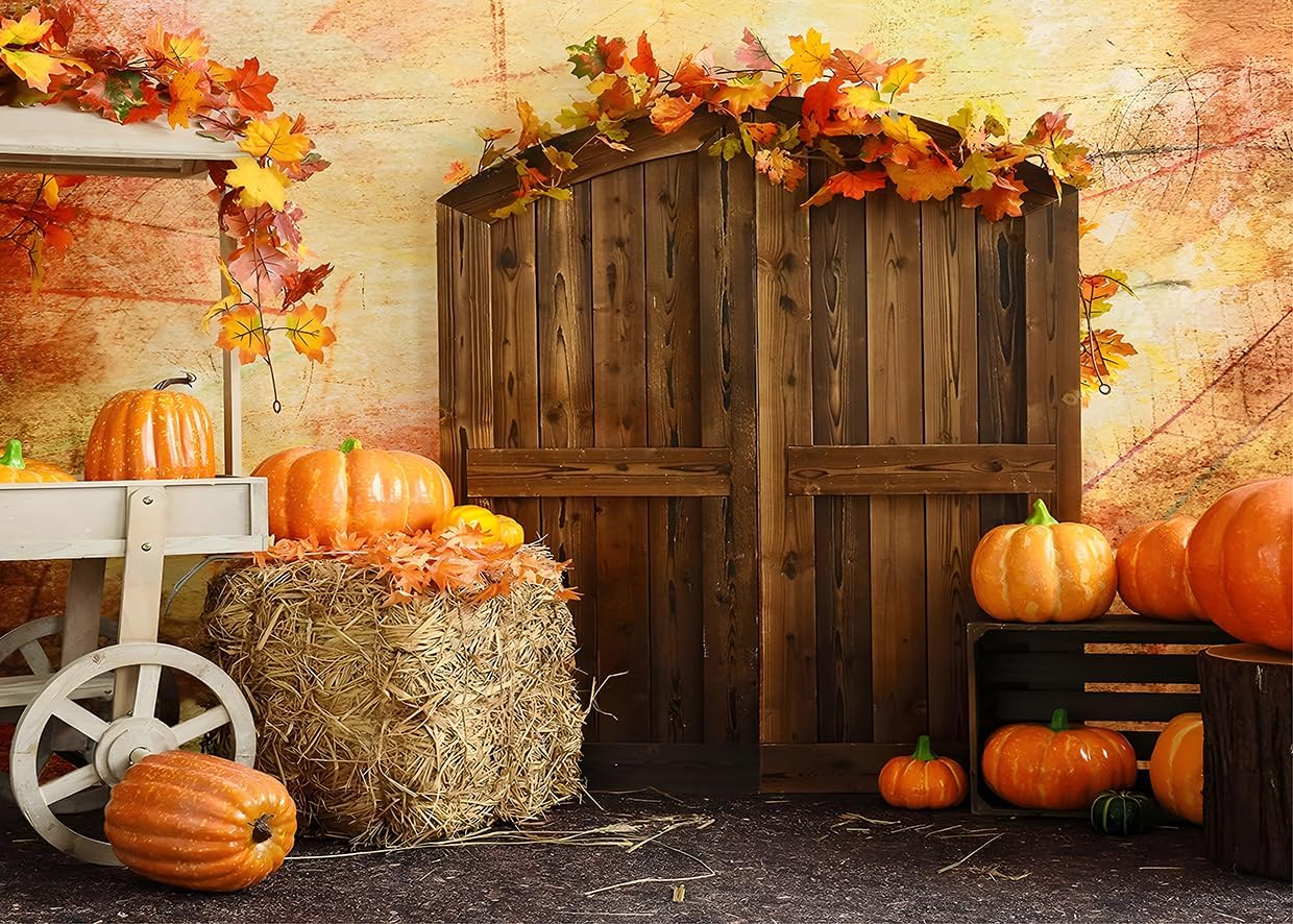 Fondo de otoño de 7 x 5 pies para fotos de Acción de Gracias, calabaza, hojas de arce, granero, cosecha de otoño, suministros de fiesta de Acción de