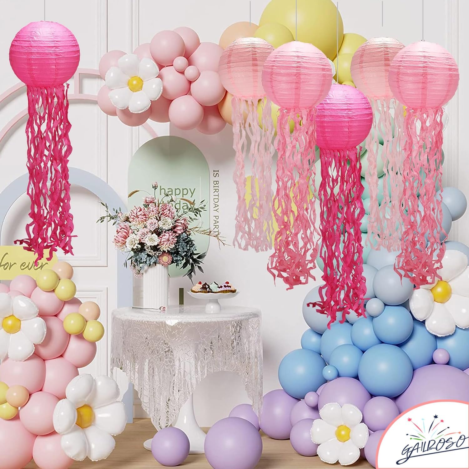 Decoraciones de cumpleaños de sirena, decoración de medusas, paquete de 6, faroles de medusas rosas con cuerda y gancho, medusas colgantes para